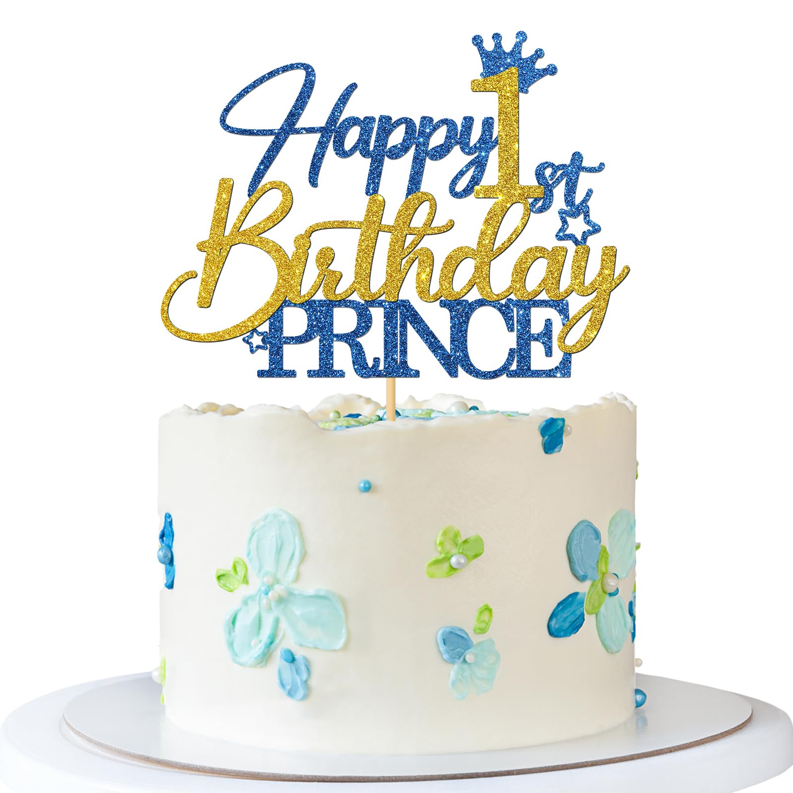 RoadSea Prince 1st Birthday Cake Topper - Happy Birthday Cake Supplies for Boy - Baby One Year Old Party Decorations - Blue & Gold Glitter
