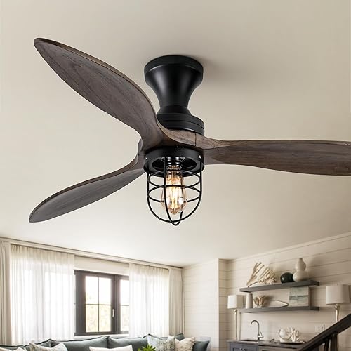 Ventilador de techo rústico de montaje empotrado con control remoto de luces, ventiladores de techo interiores de perfil bajo de 52 pulgadas con 3