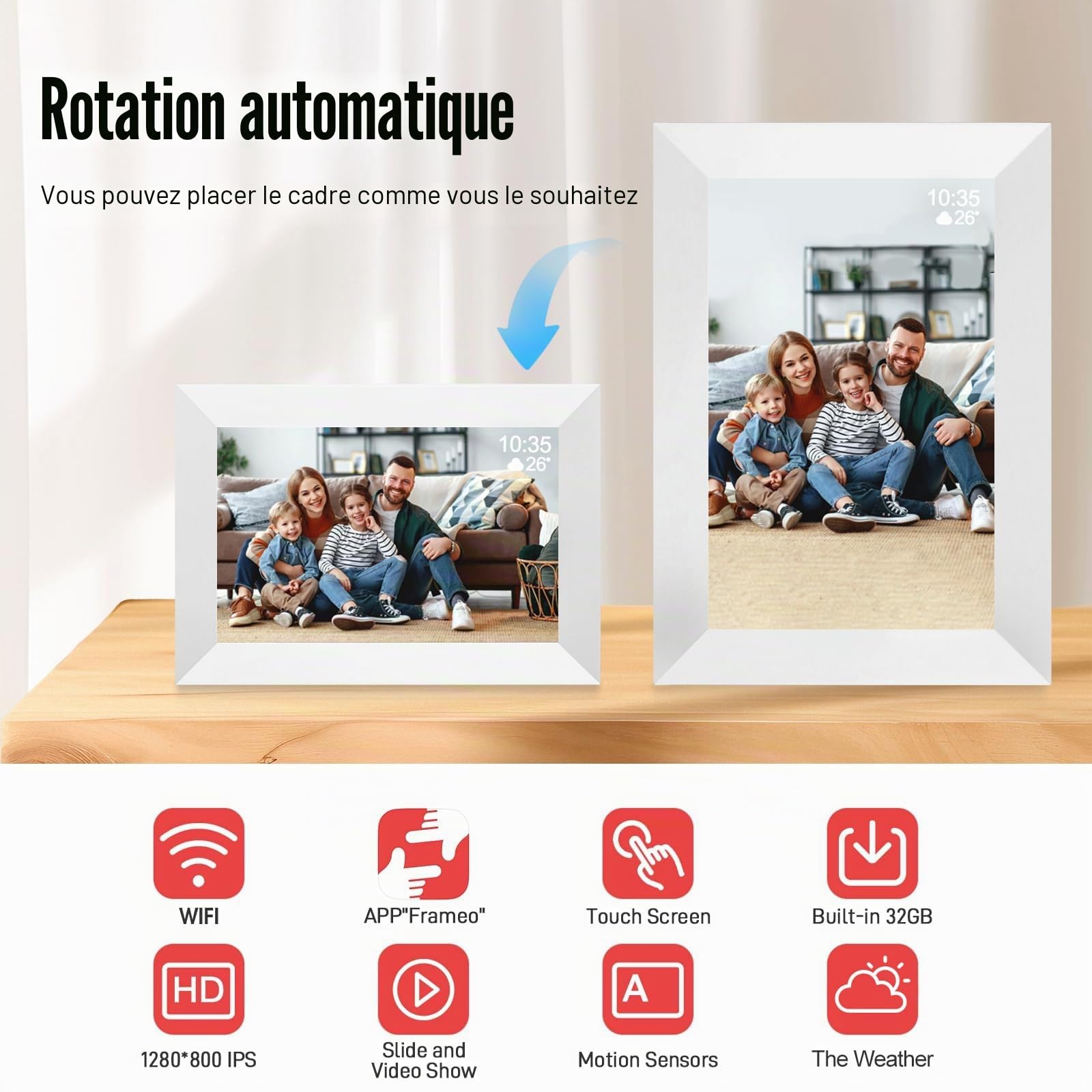 Cadre photo numérique WiFi de 10,1", écran tactile IPS 1280 x 800, cadre numérique intelligent, mémoire de 32 Go, rotation automatique, partage de photos et de vidéos via l'application Frameo (blanc)