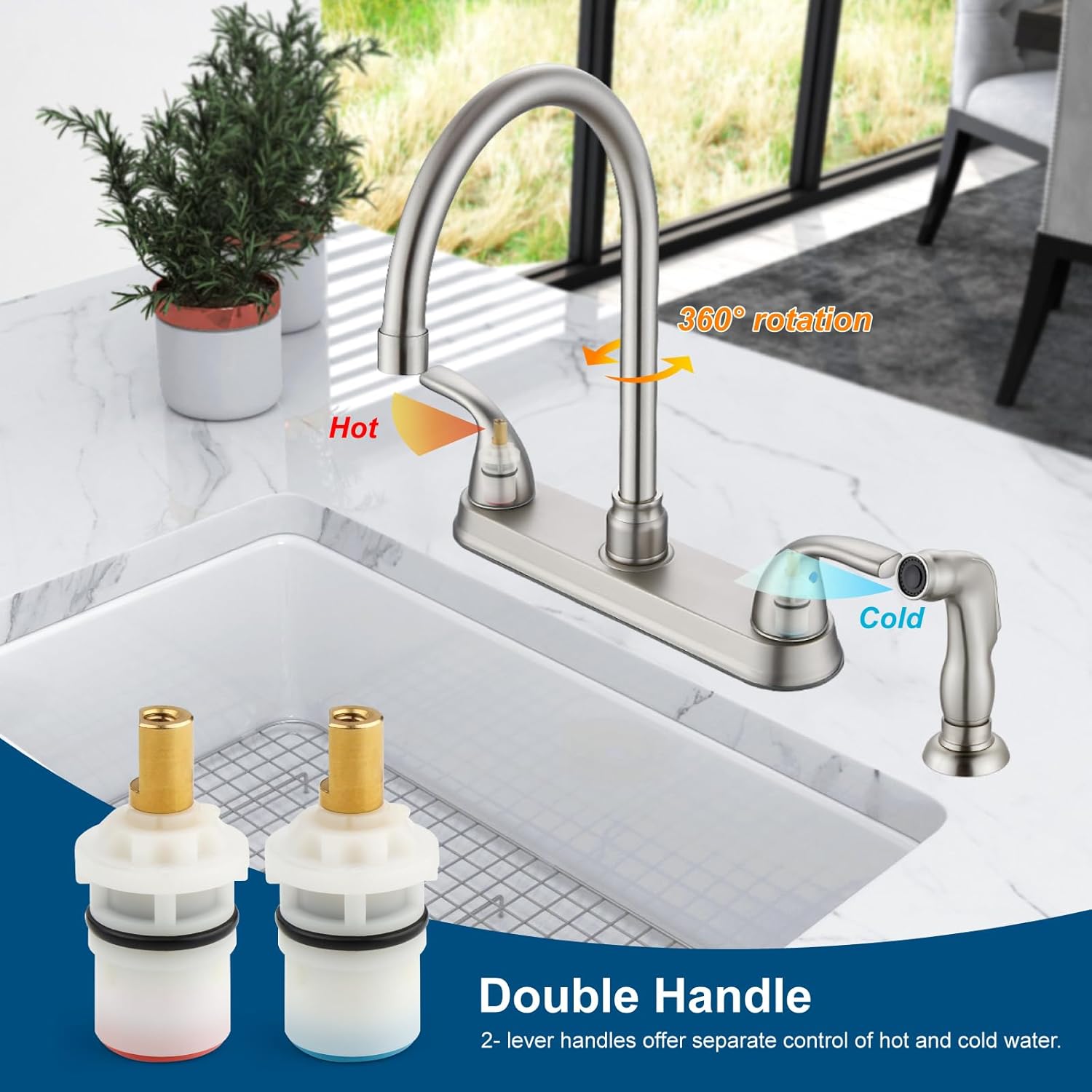 Kitchen Faucet with Side Sprayer,3 or 4 Holes Kitchen Sink Faucet with Sprayer,Stainless Steel Two Handle 8 Inch RV Kitchen Faucets with C-Handle, Brushed Nickel