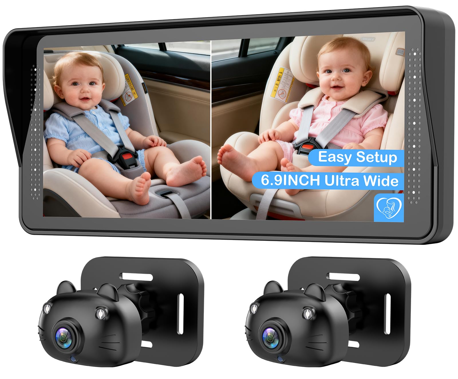 Dual Baby Car Camera for 2 Kids - 6.9'' Split Screen Ultrawide HD Display with Two Cameras, Easy Setup, Rotatable Night Vision Cameras, Ideal for