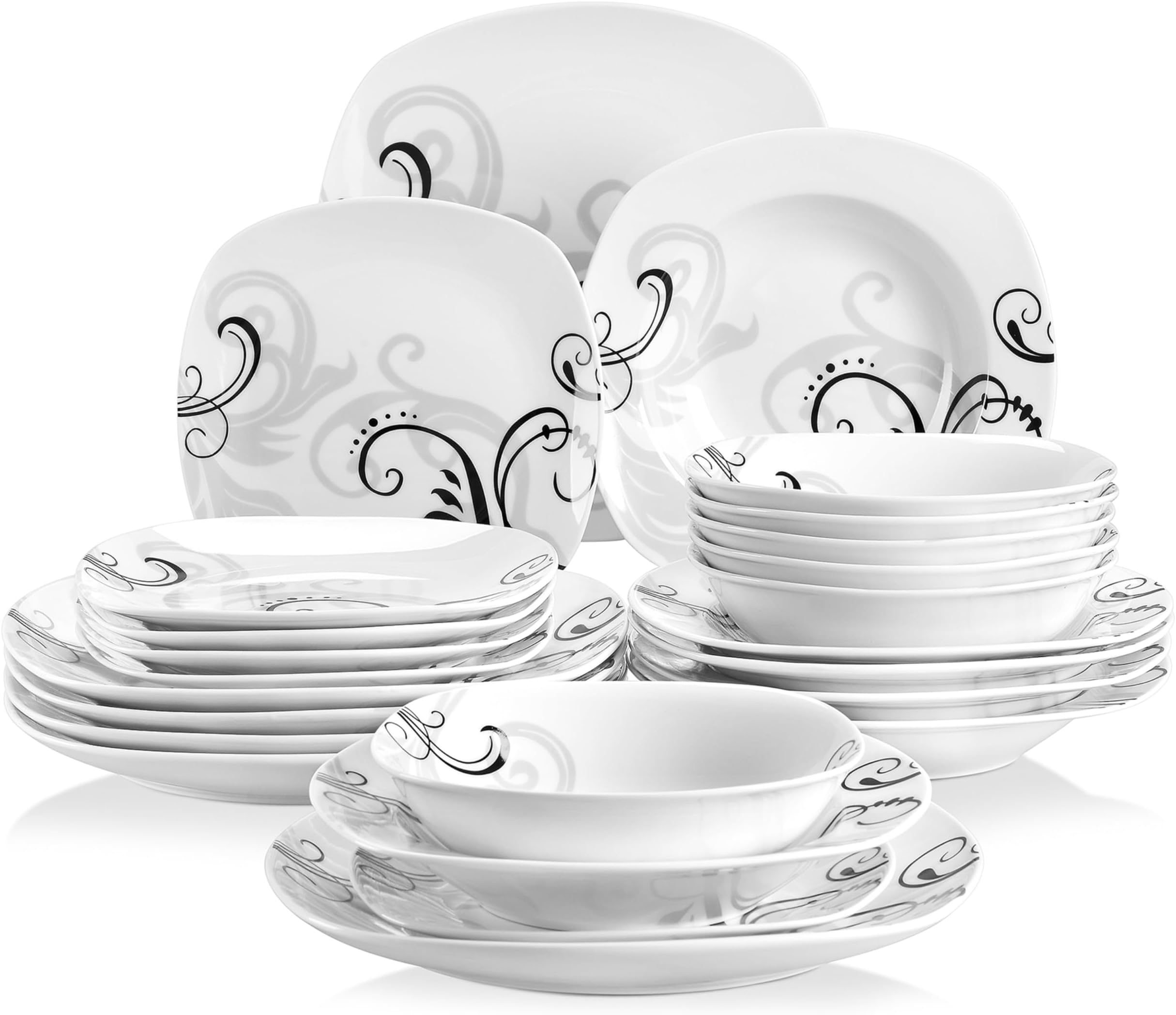 VEWEETZoey' 24-Piece Dinner Set Ivory White Black Decals Combination Sets Porcelain Tableware Set with Bowls Dessert Plates Soup Plates Dinner Plates Service for 6