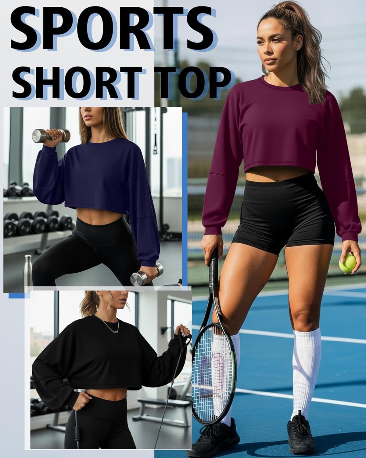 3 Pack Women's Lantern Long Sleeve Oversized Crop Tops Crew Neck Loose Pullover Sweatshirts Casual Workout Shirts(Black, Navy Blue, Fuchsia,Large) - Image 3