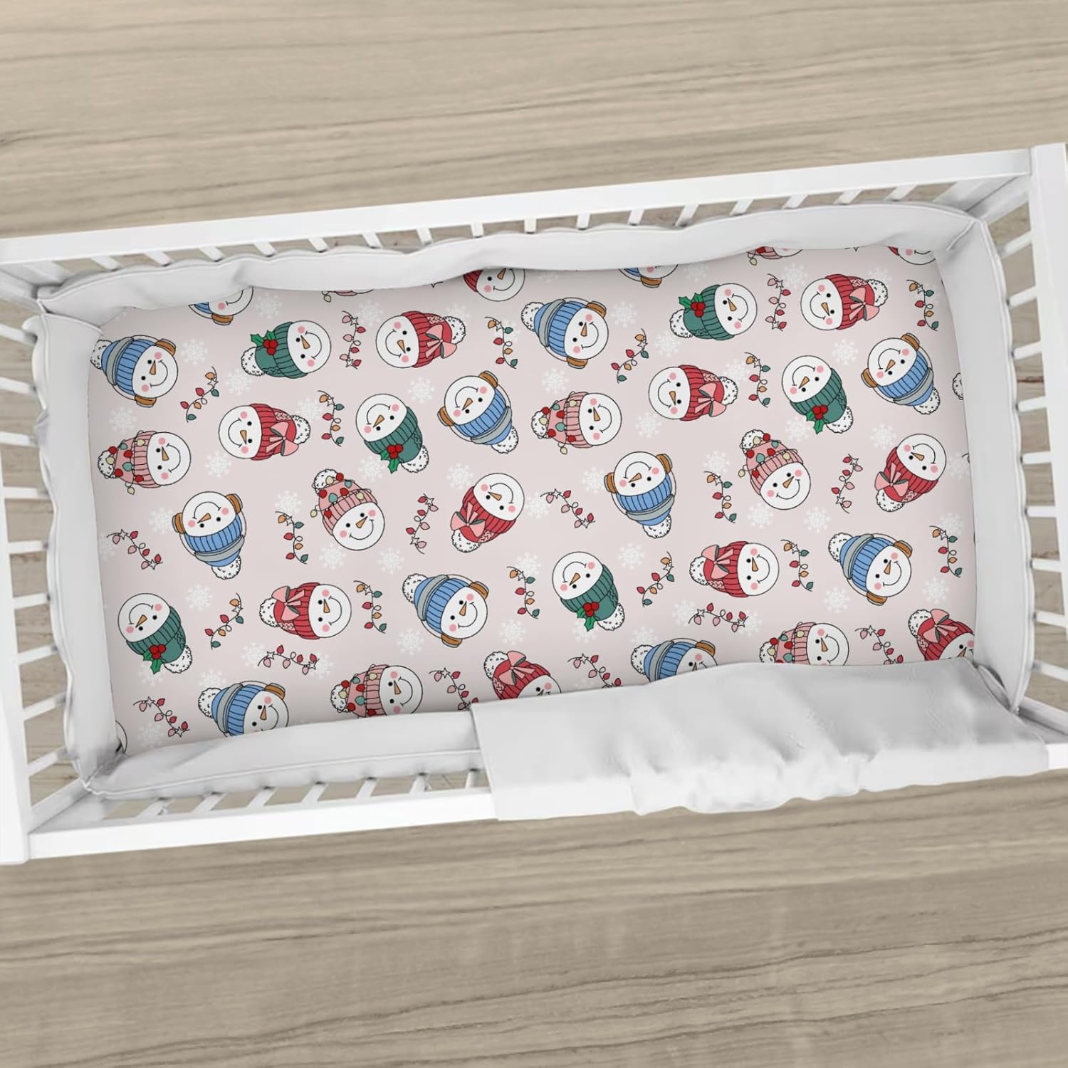 Christmas Snowman Bows Lights Baby Crib Sheets Cute Winter Snowman Snowflakes Soft Baby Sheets Festive Holiday Fitted Crib Mattress Cover for Standard Crib & Toddler Bed Mattress 52"x28"