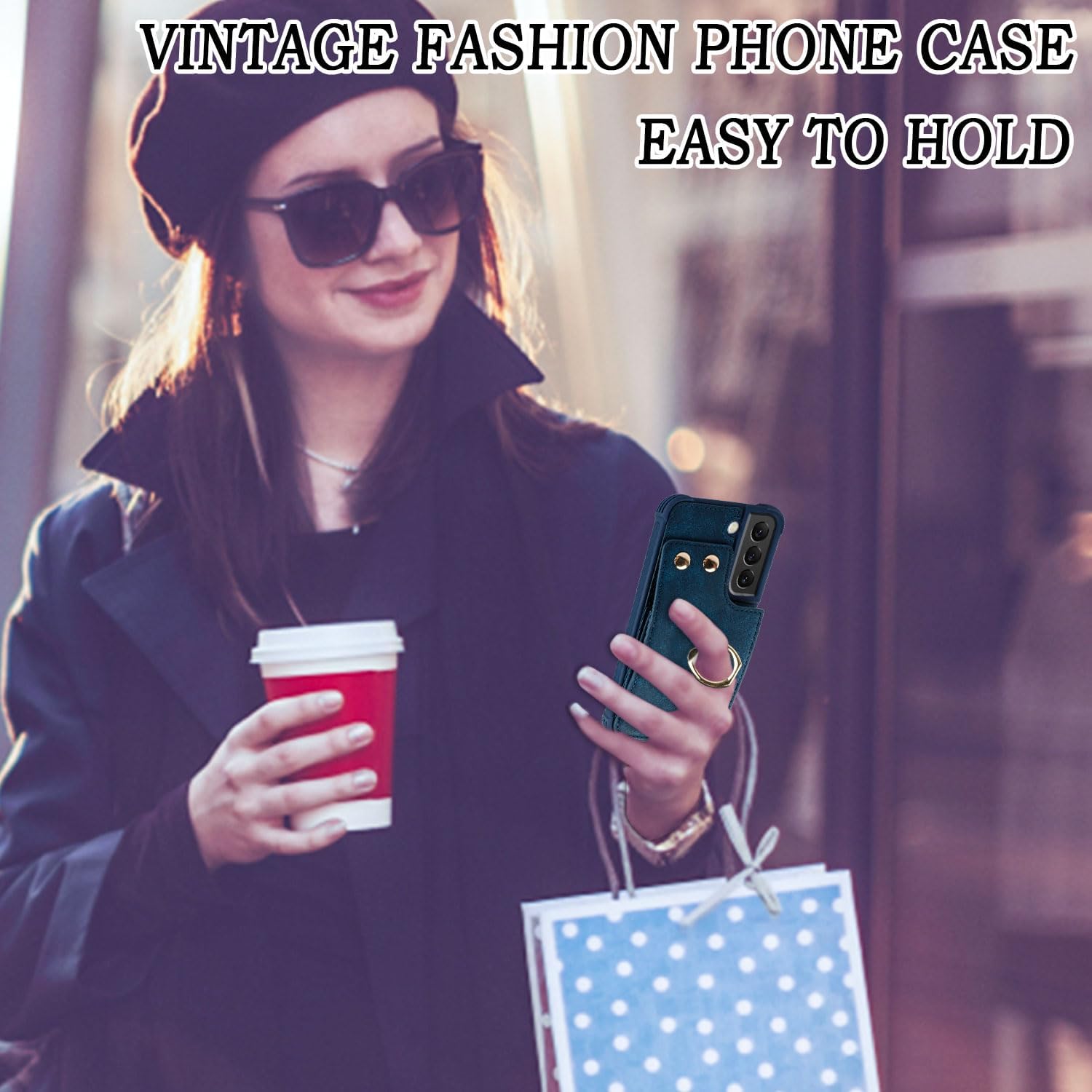Compatible for Galaxy S22 Wallet Case with Credit Card Holder,Shockproof Protective Phone Cover Supports 360°Rotation Ring Stand and RFID Blocking for Samsung Galaxy S22 6.1 inch,Navy Blue