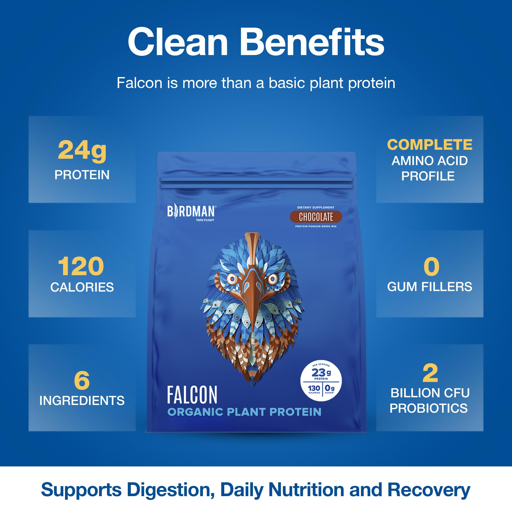 BIRDMAN Falcon Vegan Protein Powder Organic, Stevia & Sugar Free, Plant Based Protein, Low Carb, Dairy Free, Keto, Non Whey Protein, Probiotic, Pea Protein | Chocolate Flavor - 60 Servings - 3.9lb — Amazon image 3