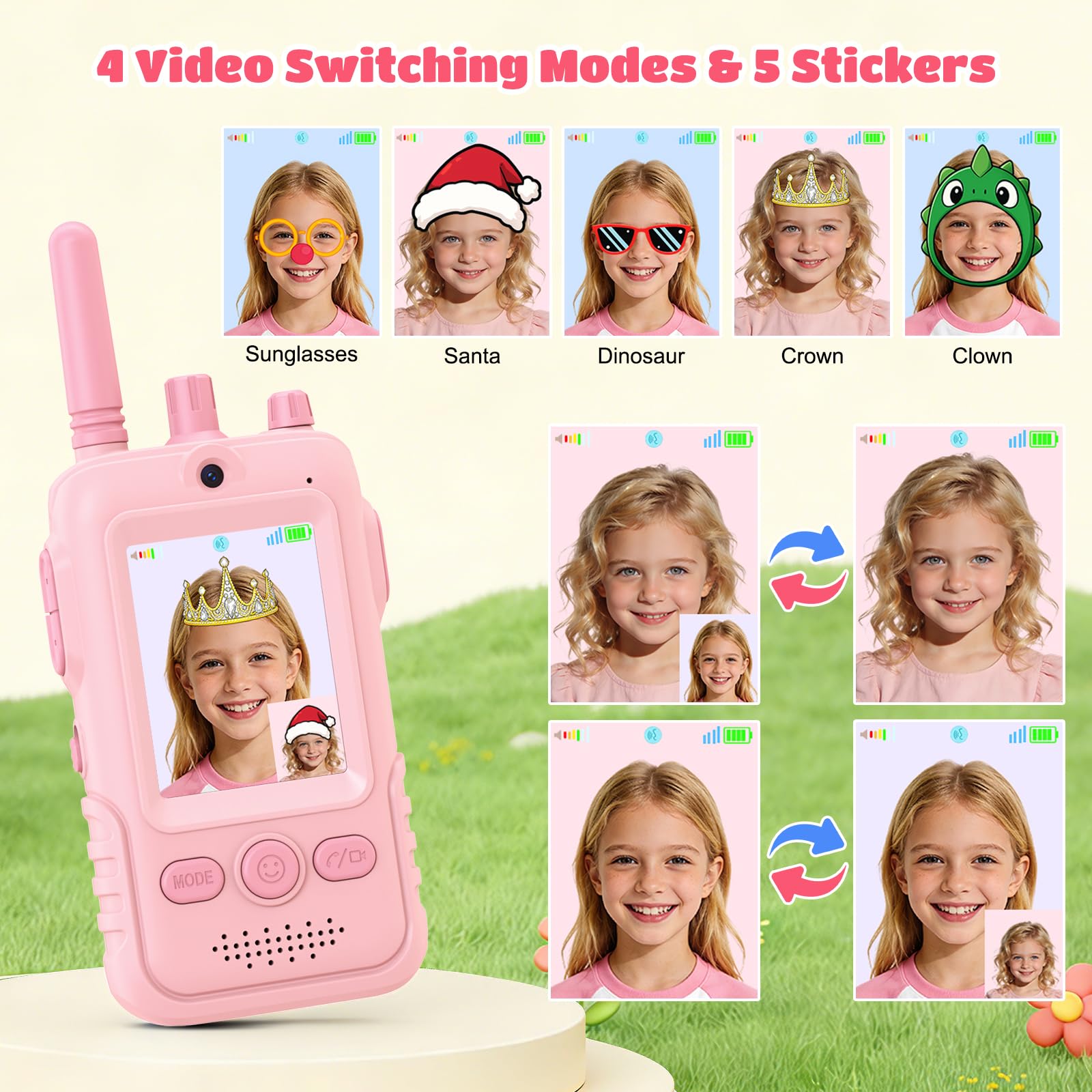 Walkie Talkie para Niños(Set de 2),Walkie Talkies Recargables con Videollamada,Largo Alcance de 400 m, Clip para Cinturón y Linterna LED,Juguete Regalo de Cumpleaños para Niños y Niñas de 3 a 12 Años
