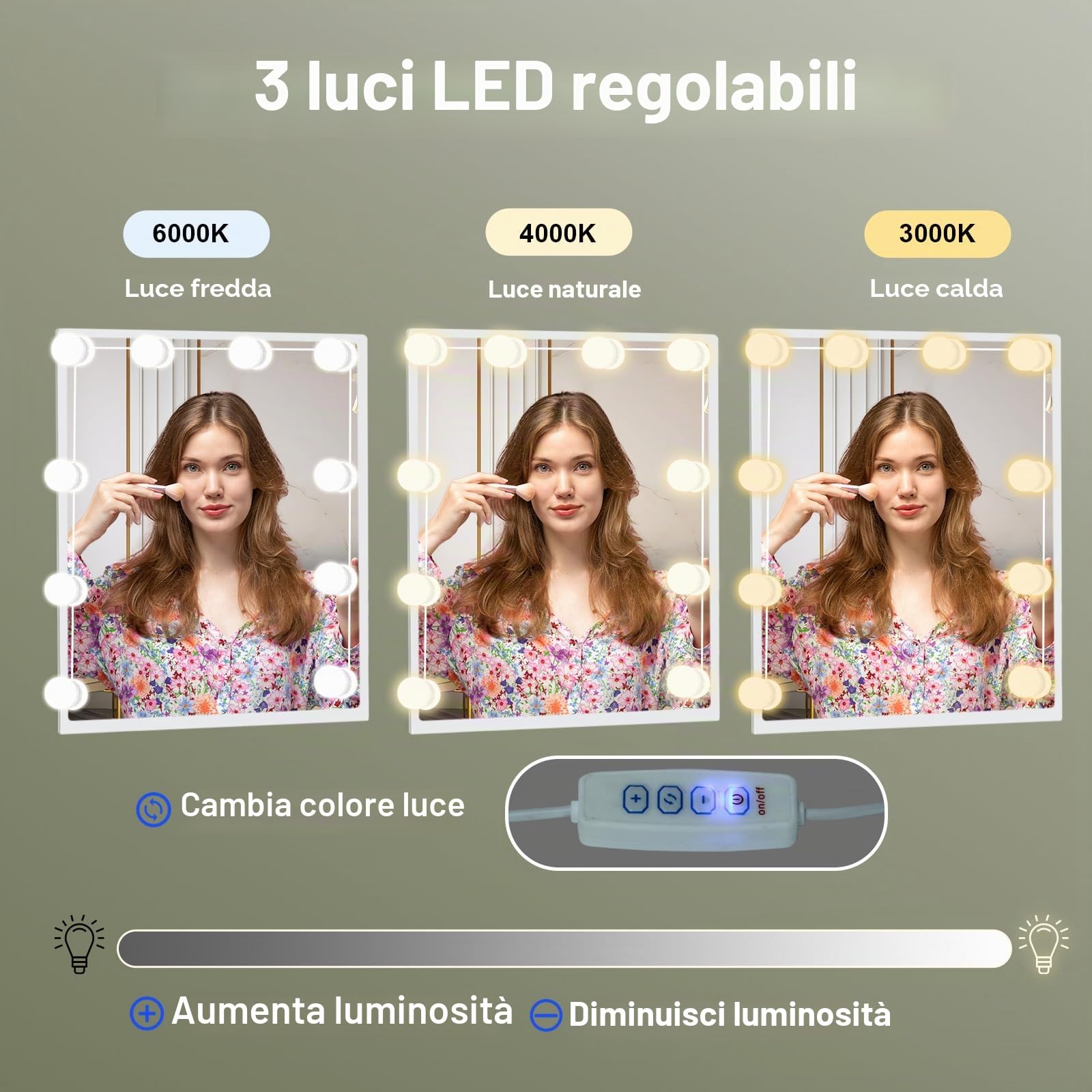 Tavolo da toeletta con illuminazione a LED e specchio, tavolo cosmetico per trucco e cosmetici, tavolo da toeletta con 3 colori luminosità regolabile 56