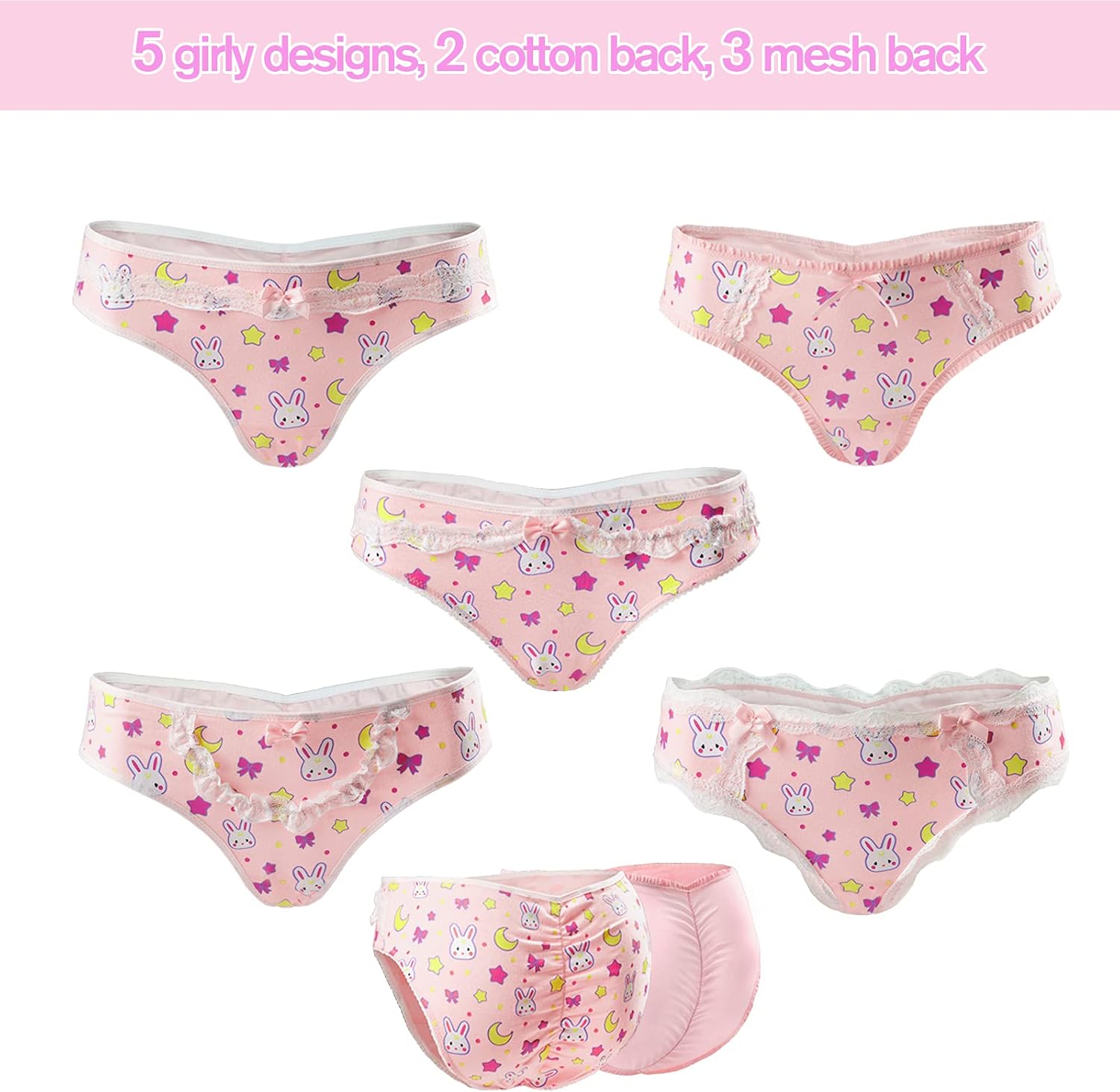 Littleforbig Women's Ladies Soft Cotton Underwear Comfortable Hipster Briefs 5 Pack Panties Set - Usagi Pattern - Image 3