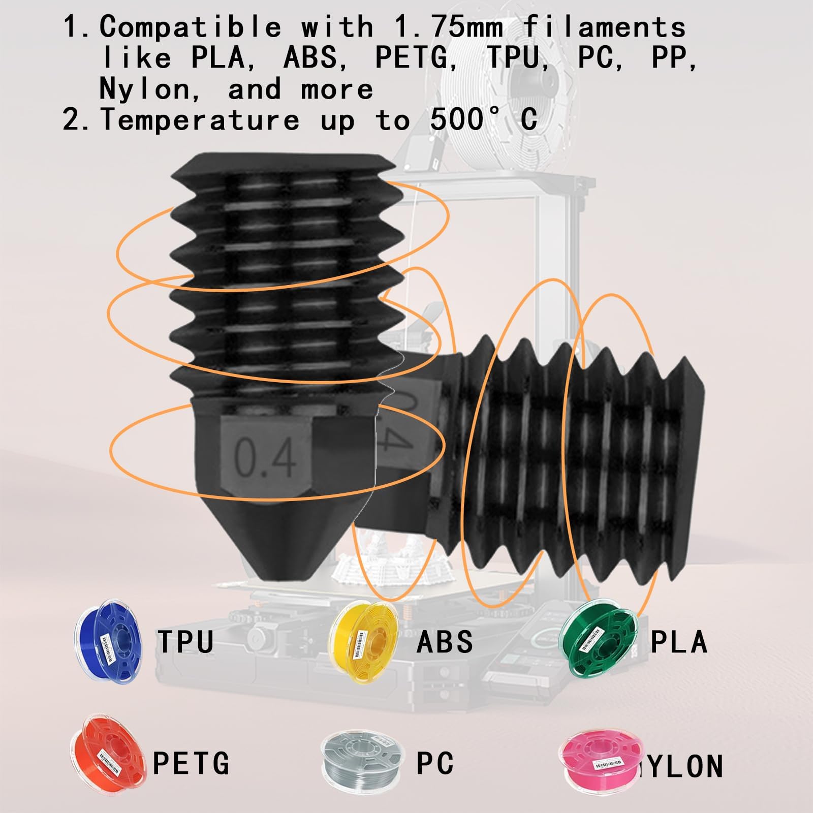 Dysze ze stali hartowanej, 0,4 mm, do Bambu Lab X1C, X1E, P1P, P1S, 3D Printers HighTemperature Upgrade Hotend Nozzle do filamentu BambuLab 1,75 (do 500°C)