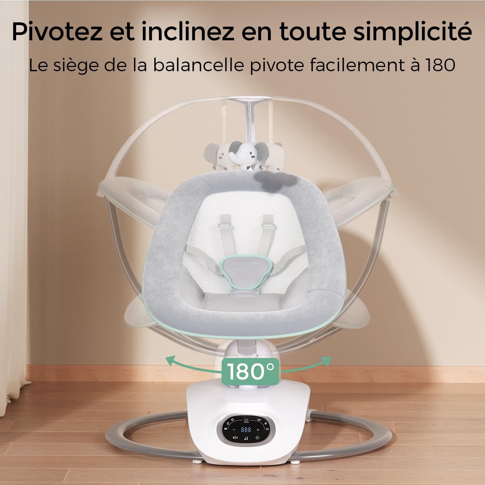 Momcozy CocoSway Balancelle Bébé Électrique, 3D-Motion, Télécommande, Gris | 6 Modes, 4 Vitesses, Siège Pivotant 180°, Transats, Balançoires, Nourrissons, Tout-petits, 5 Harnais, Berceuses