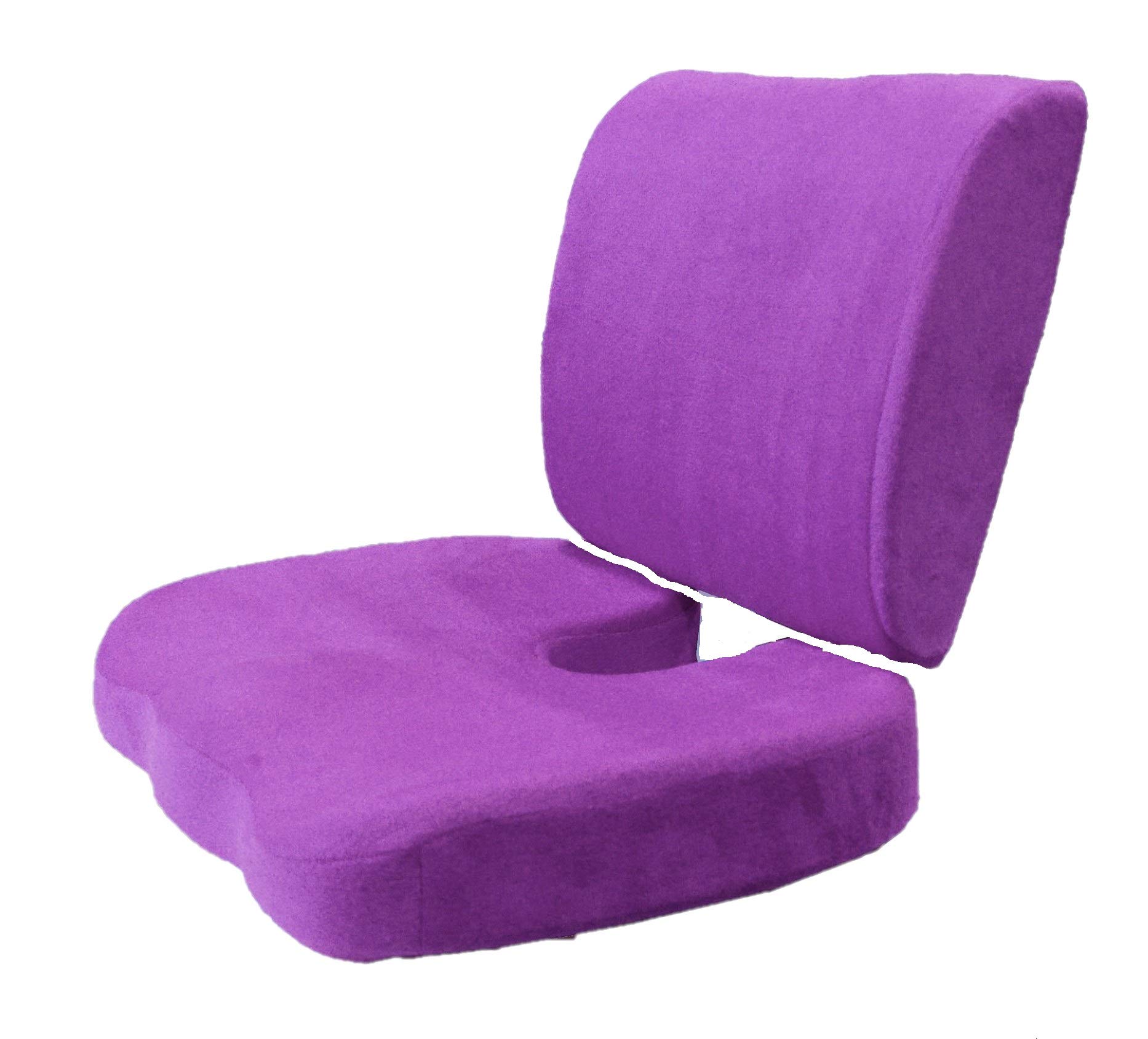 Bookishbunny 2pc High Resilience Memory Foam Seat Chair Waist Lumbar Back Support Cushion Pillow Car Office Home (Purple)