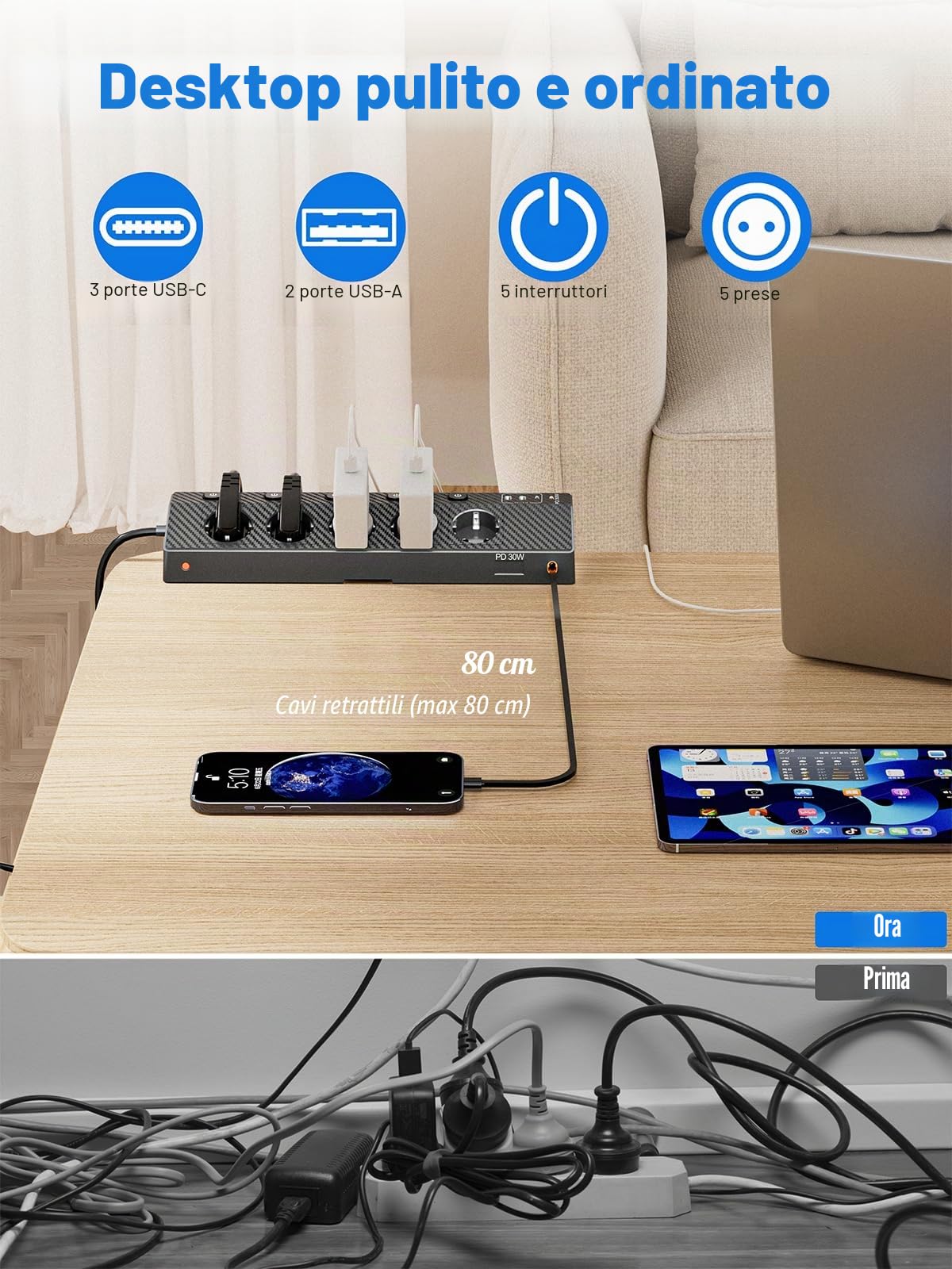 Ciabatta Multipresa con USB 30W, Scrivania Elettrica con 5 Prese, Multipresa Protezione Sovratensione con Interruttori Indipendenti e Prolunga Elettrica 3 Metri, 4000W Presa, Nero
