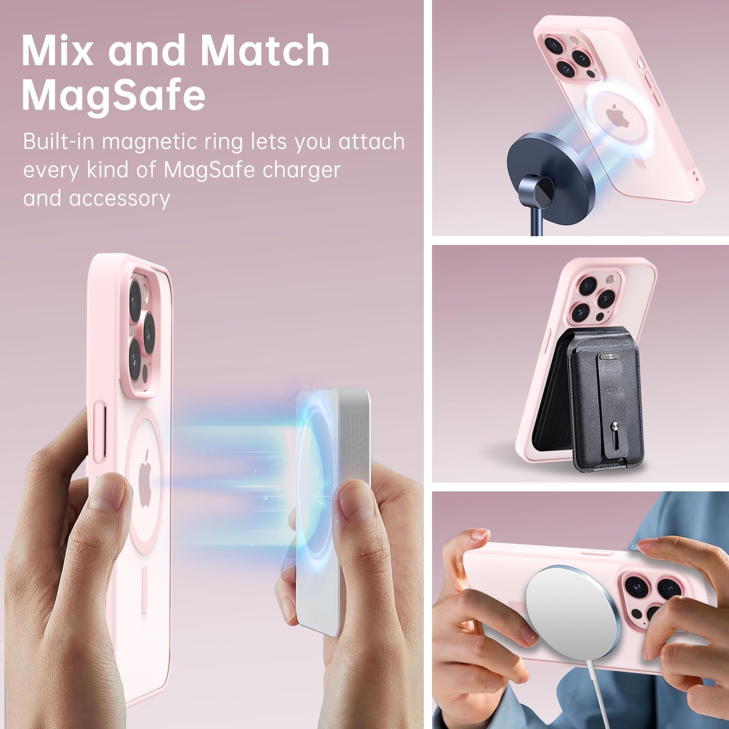 oakxco Funda magnética transparente para iPhone 15 Pro, compatible con carga Magsafe, funda protectora delgada para 15 Pro, a prueba de golpes, silicona suave TPU y policarbonato duro, arena rosa