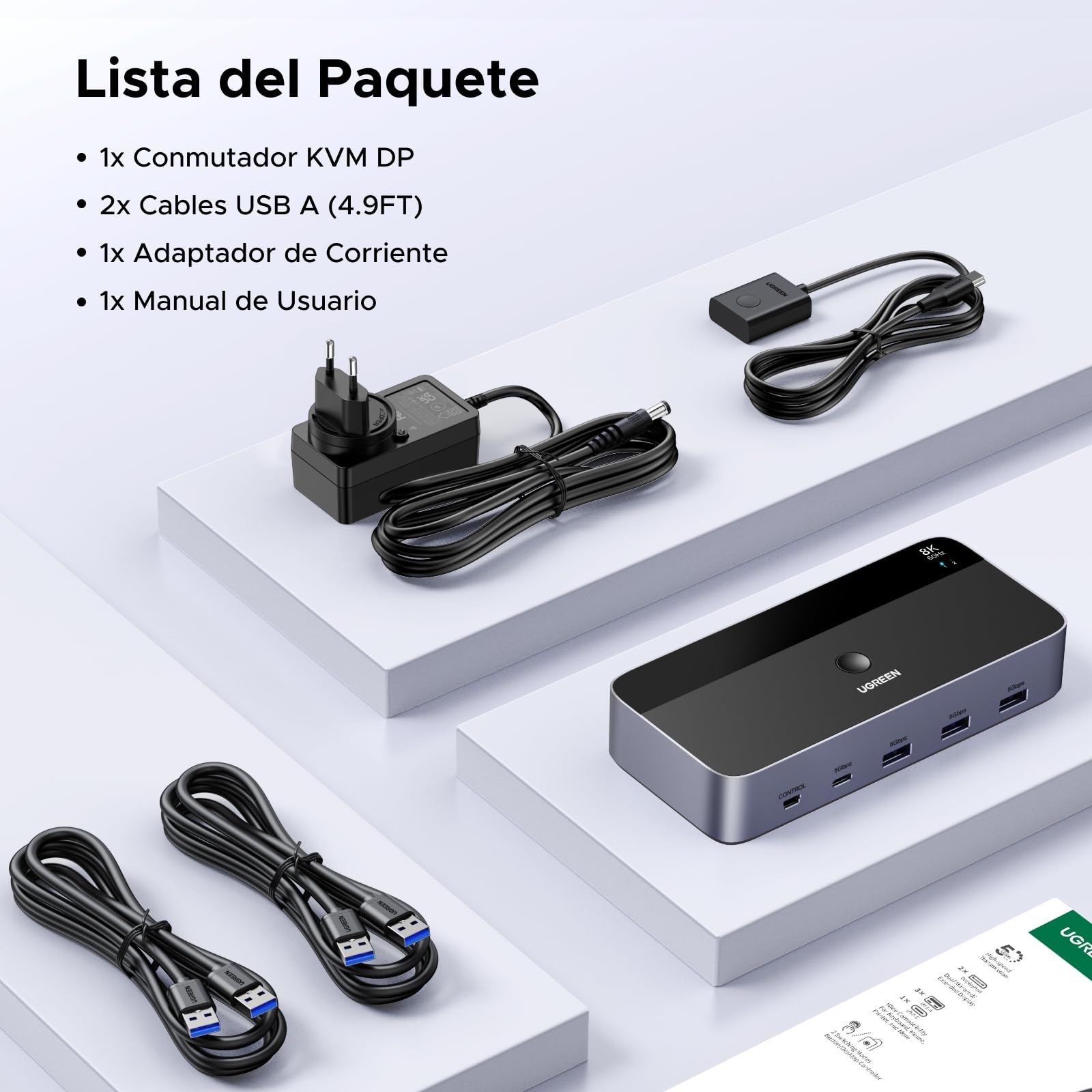 UGREEN Switch KVM DisplayPort 2 Entradas 2 Salidas 8K60Hz 4K240Hz Dos Monitores Conmutador con 4 Puertos USB 3A1C 5Gbps para Teclado, Ratón Disco Duro Controlador de Escritorio Cables USB Incluidos