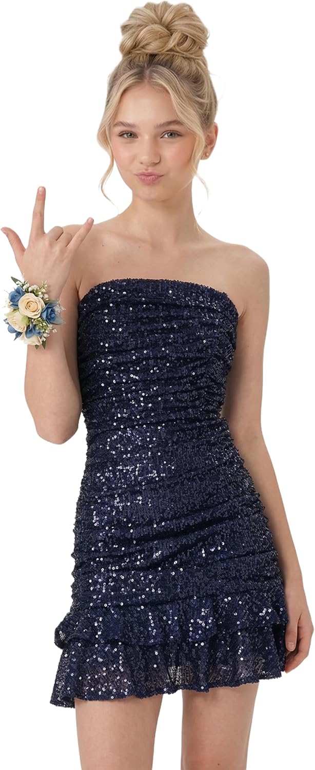 2Bunnies Tween Teen Sequin Strapless Tie Back Bow Ruched Bodycon Mini Party Dress