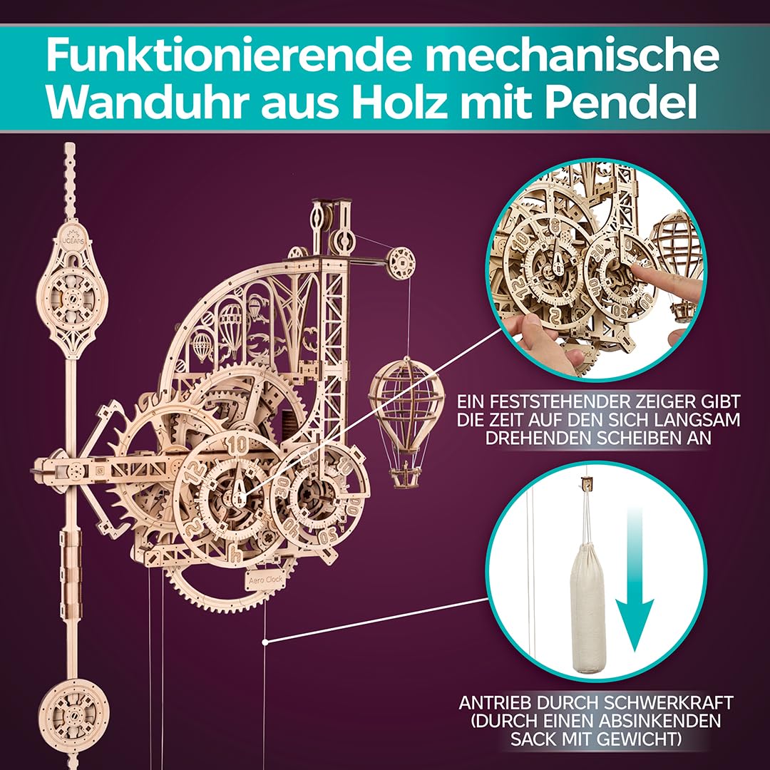 Ugears Aero Clock 3D Holzpuzzle Erwachsene - Wanduhr Modellbausatz Erwachsene - Mechanische Pendeluhr Bauset mit Schwerkraft-Antrieb Holz Modellbau 3D Puzzle Geburtstagsgeschenk- 320 Teile