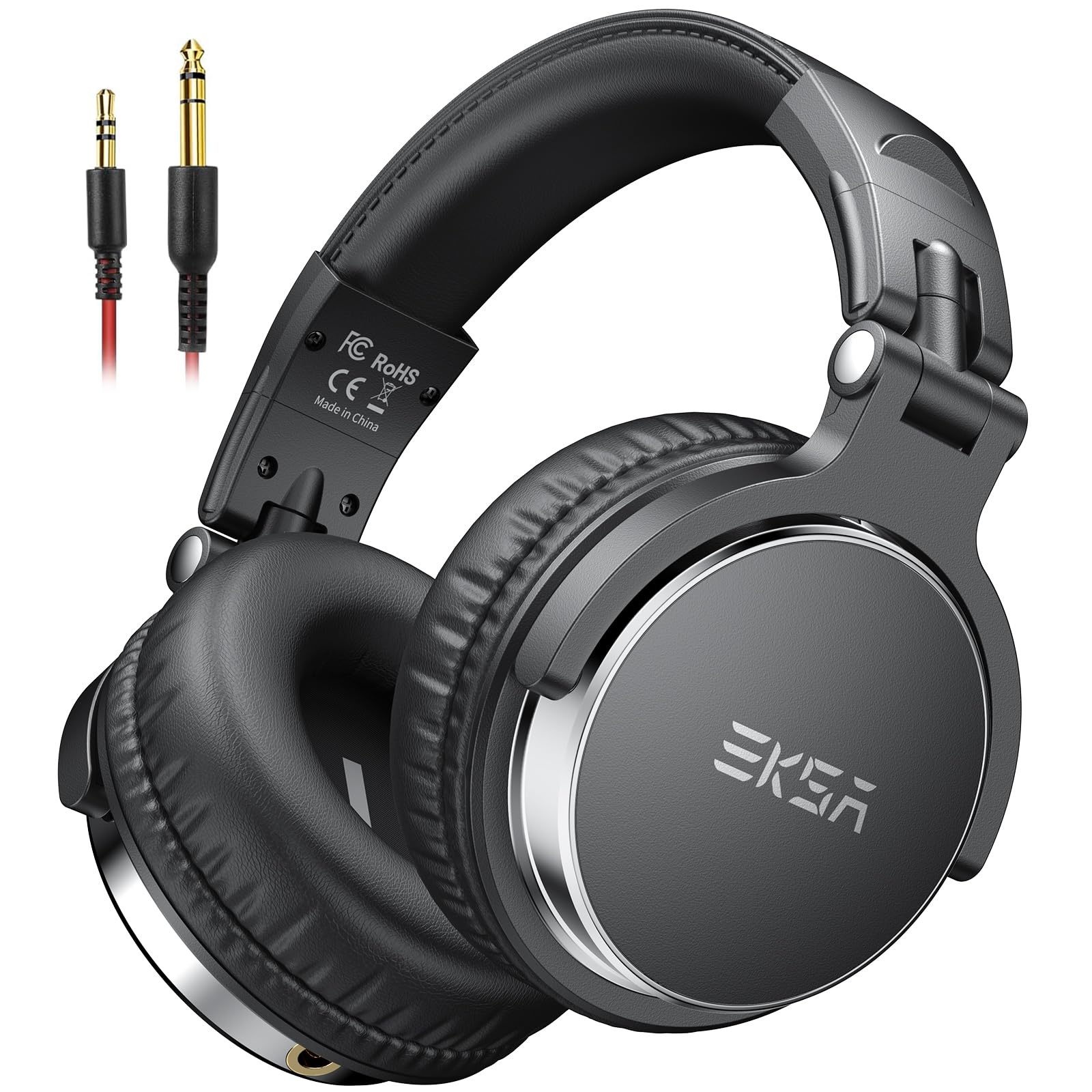EKSA P100 Auriculares DJ con Cable, para PC AMP Grabación de Podcast Teléfono Piano Guitarra,Estéreo de Mezcla y Monitor de Estudio, 50mm Controladores, 3.5 y 6.35mm Conector de Audio Negro