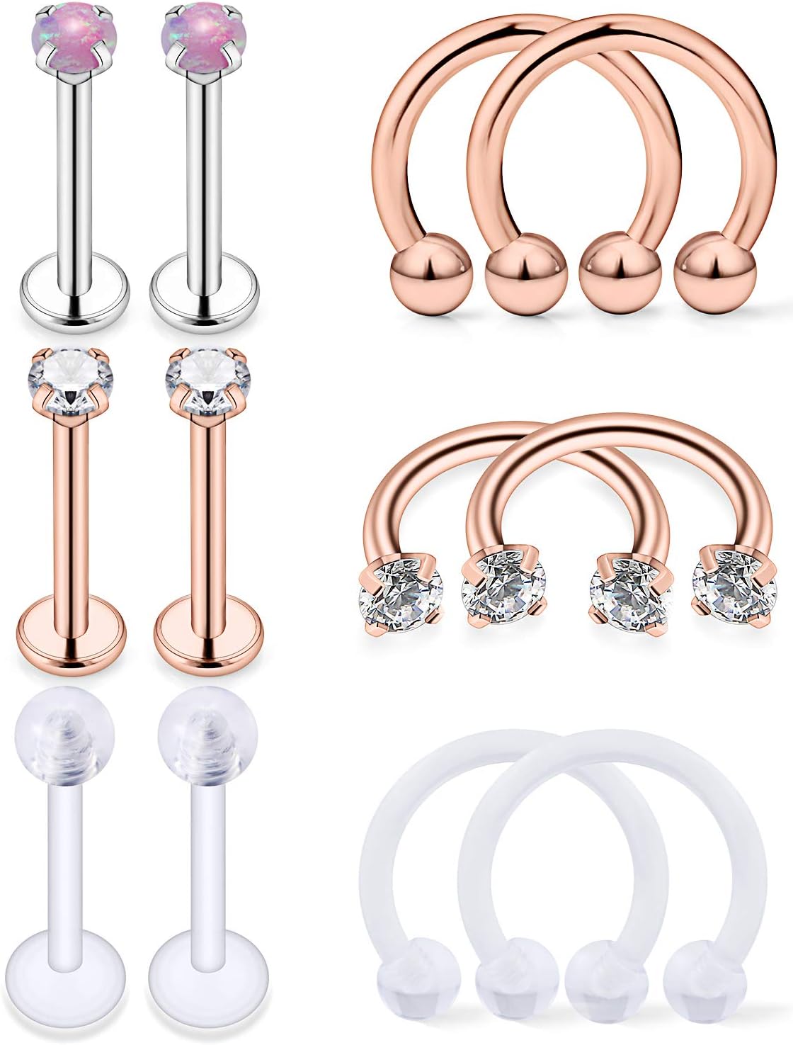 Hoeudjo12Pcs 16G Cartilage Earring Stud Forward-Helix Earrings Stud Internal & External Threaded Opal Labret Lip Hoop Ring Medusa Monroe Piercing Jewelry Retainer for Women Men