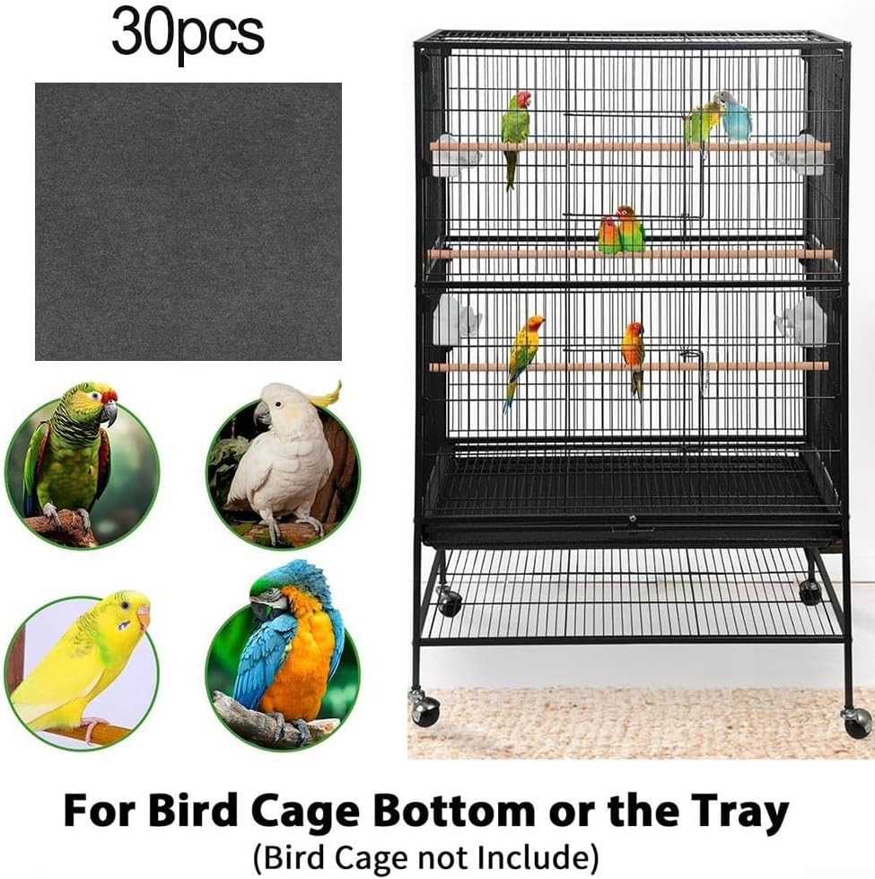 30 Disposable Bird Cage Liners, 1mm Thick Felt Fabric, Easy Clean Pads for Parrots, Conures, Hamsters and More (Grey)