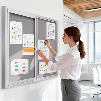 SWANCROWN 48x34 in Enclosed Bulletin Board Outdoor Display Case, Grey Felt | Lockable, Shatter Resistant, Weatherproof, Silver Aluminum Frame, Notice Board for Office School Business Community