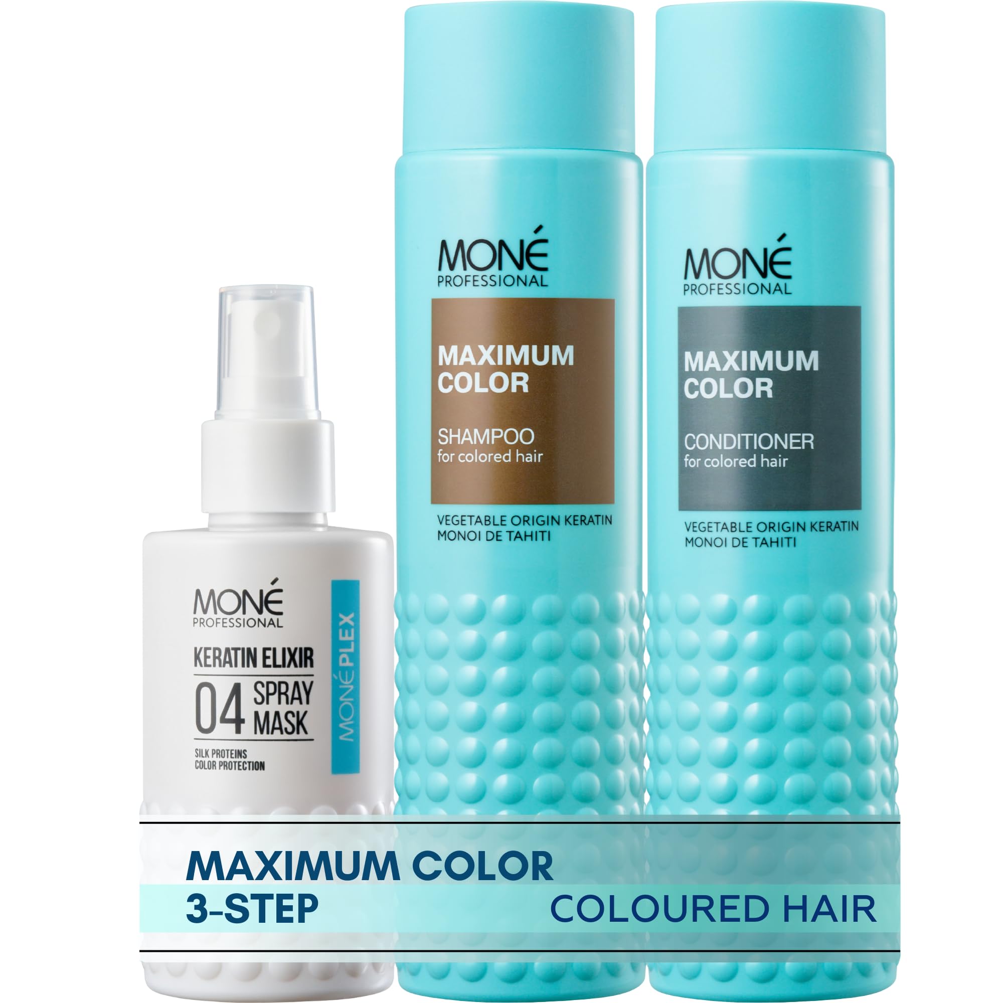 MONÉ PROFESSIONAL – Set Haarpflege für coloriertes Haar – Maximum Color Keratin Shampoo 300 ml + Keratin Conditioner 300 ml + Moneplex Plex Treatment 150 ml – Farbschutz, Reparatur, Pflege, Glanz