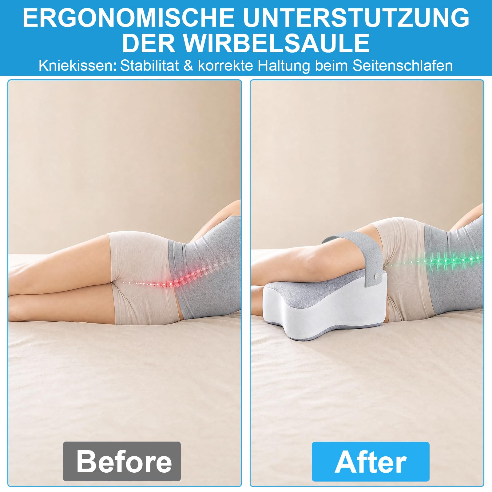 Kniekissen für Seitenschläfer – Ergonomisches Beinkissen mit Extra-Langem Design, unterstützt Oberschenkel & Knie, steigert Schlafkomfort, mit Abnehmbarem & Waschbarem Bezug-Mit Riemen