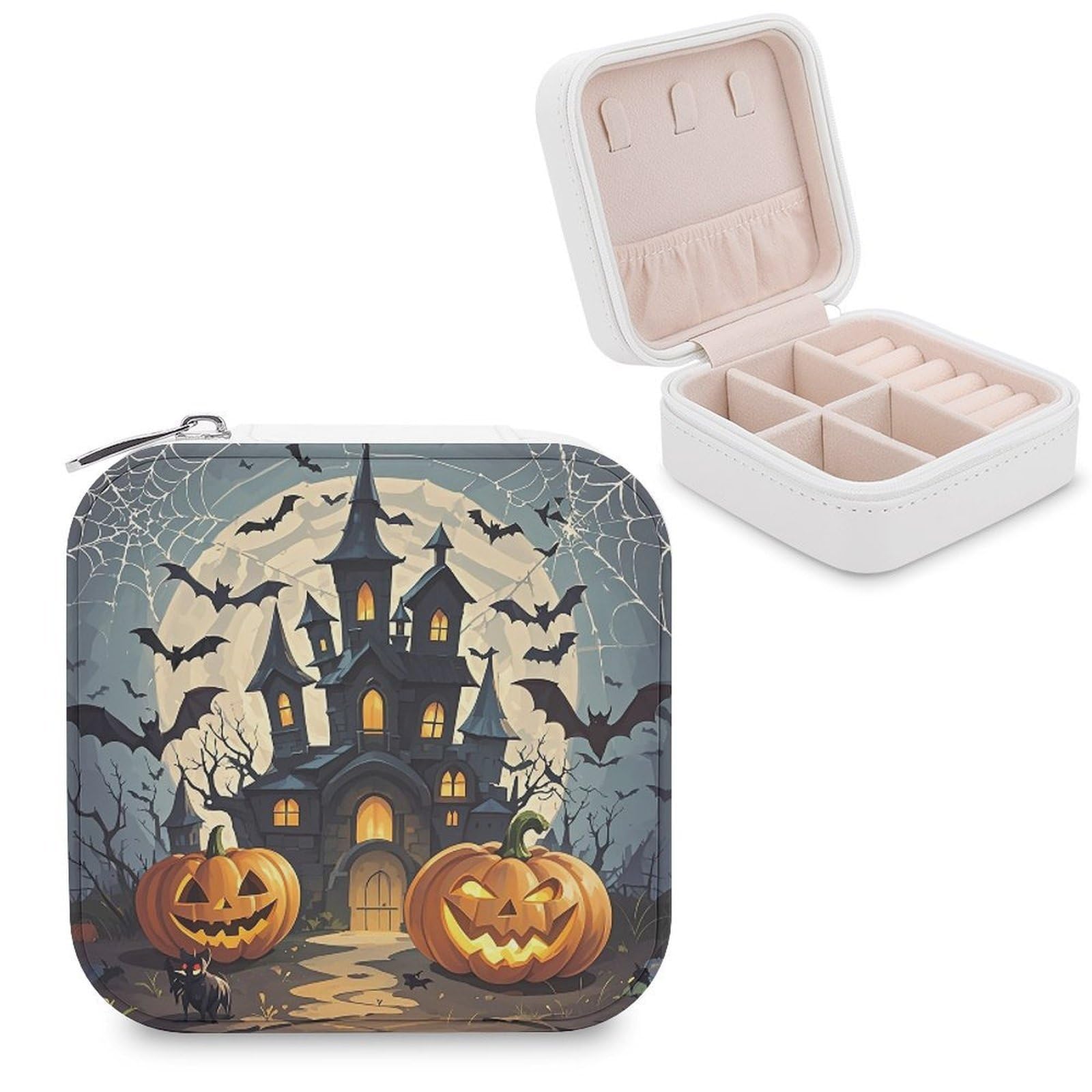 LZQPOEAS Pumpkin Lantern Castle Jewelry Box Mini Jewelry Travel Case Trendy Stuff Ring Box Custom PU Leather Jewelry Boxes Portable Jewelry Case Earring Storage Organizer for Girls Women