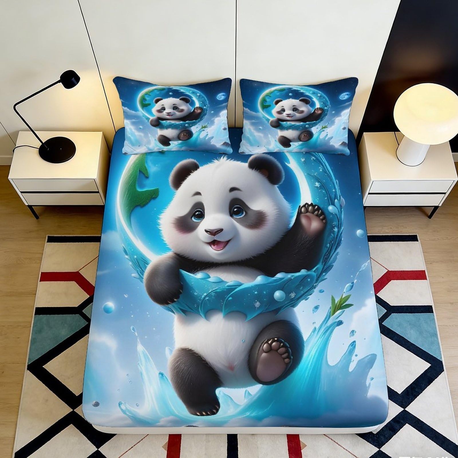 3D Printed Panda Fitted Sheet Microfiber Deep Pocket Non-Slip Bedroom Panda Mattress Fitted Cover Washable Full Wrap for Adults 200x200x25cm 90x200x25cm