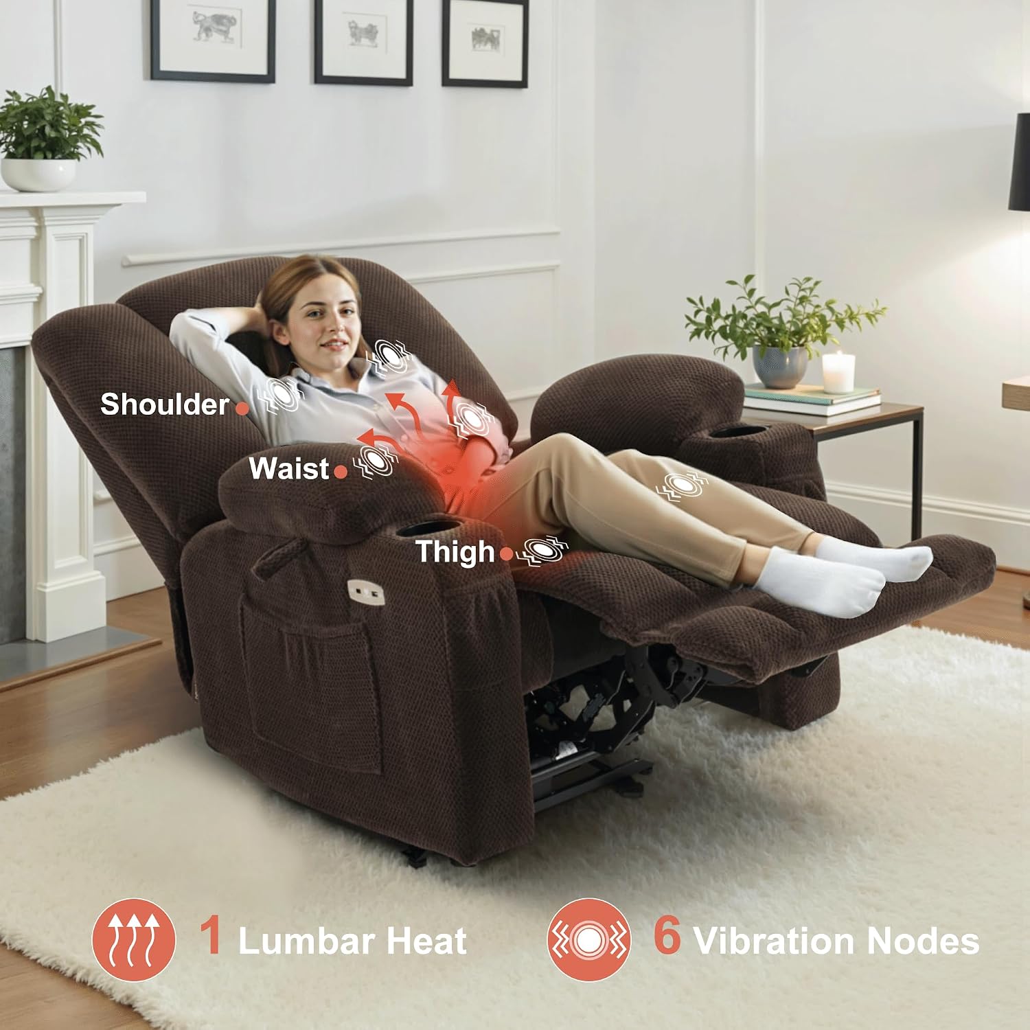 MCombo Zero Gravity Power Recliner Chair with Heat and Vibration Massage, Reclining Chair with USB & Type C Ports, Cup Holders for Living Room, Fabric 8015 (Brown)