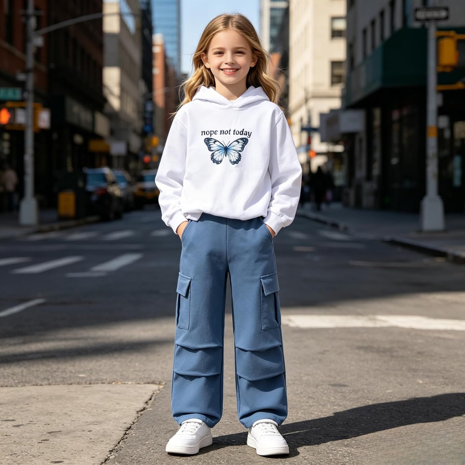 Girls Clothes 2 Piece Cute Butterfly Print Hoodie & Cargo Pants Set Kids Girls Winter Outfits for Teen Girls 7-14Y