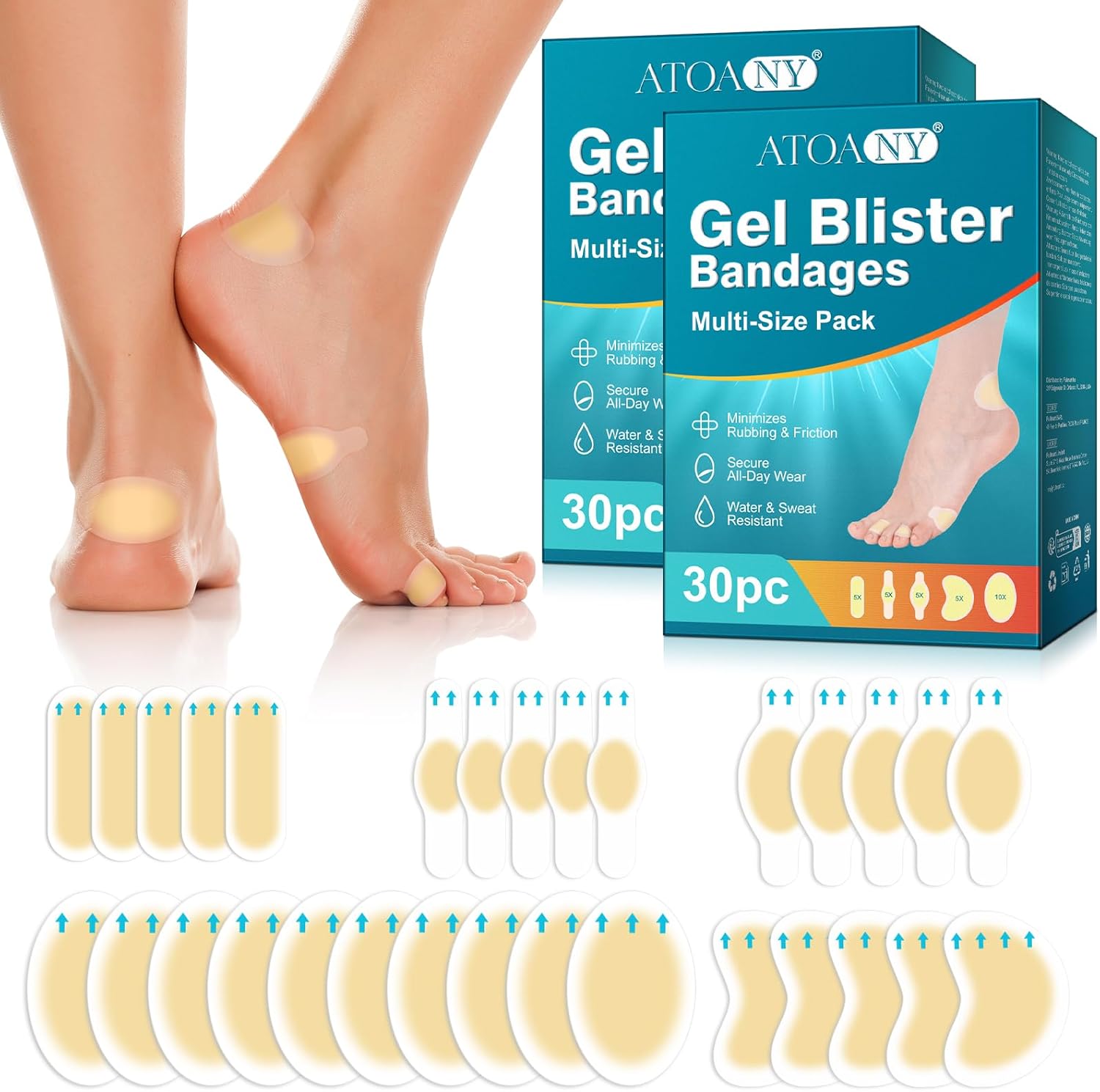 60pcs Hydrocolloid Gel Blister Cushion Bandages, Waterproof Adhesive Blister Bandages for Foot, Toe & Heel, Blister Cushions for Prevention & Recovery, Variety Pack