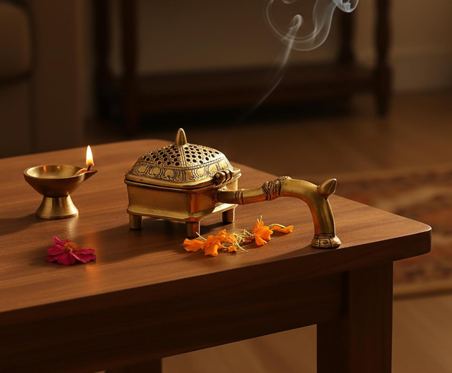 Esplanade Brass Incense Burner Dhoop Dani Stand with Handle- 15 Cms(Square)