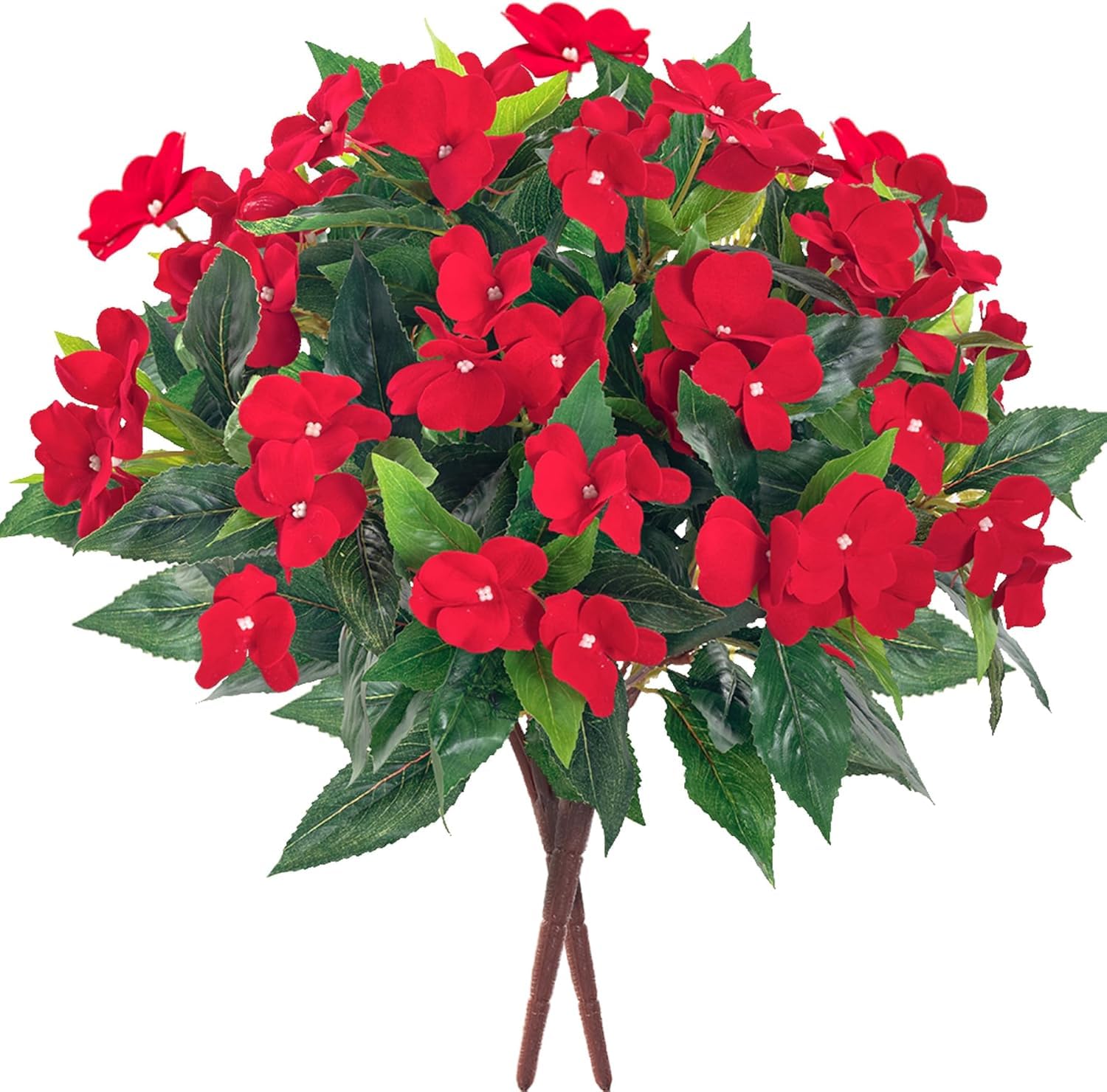 Weldomcor 3 Bundles Artificial Impatiens Flowers Outdoors Silk Faux Impatiens Flowers UV Resistant Shrubs Plants for Pot Patio Garden Balcony Hanging Basket Window Box Porch Decor (Red）