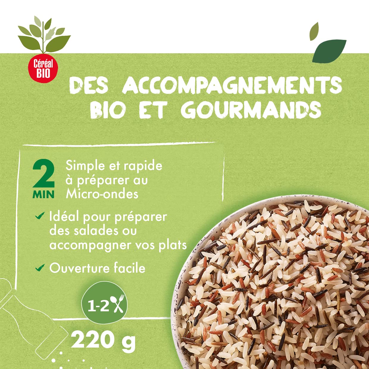 CÉRÉAL BIO – Trio de Riz – Mélange de Riz Bio Nature – Recette Végane – Plat Cuisiné Bio Individuel – Repas Prêt à Réchauffer en 2 min – Nutriscore B – 220 g - 3