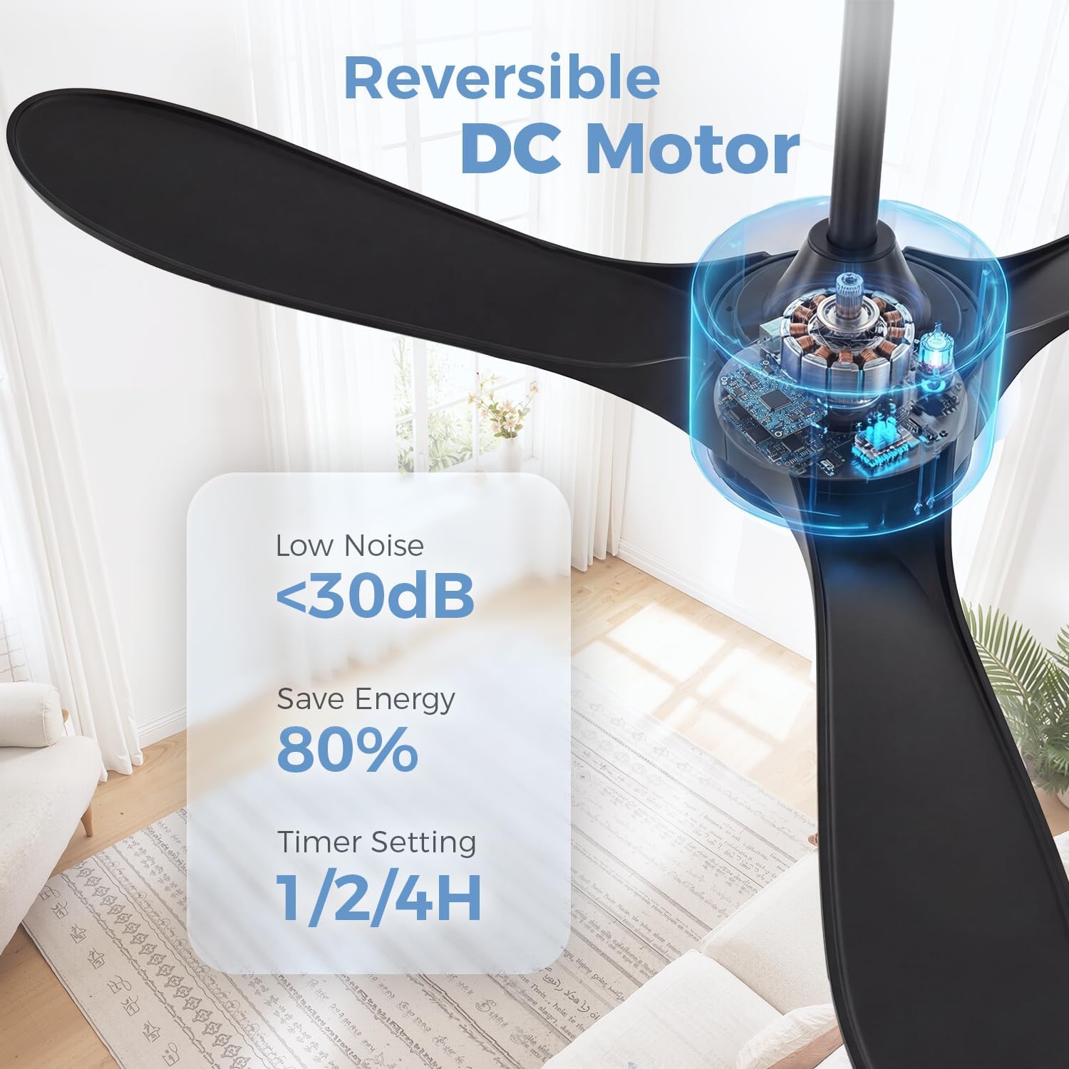 KASASS Black Ceiling Fan No Light, 52" Outdoor Fans for Patios/Porch/Bedroom/Kitchen with Remote, Noiseless, 3 Downrods, 6 Speed, Reversible DC Motor, Modern, 3 Blades, Timer