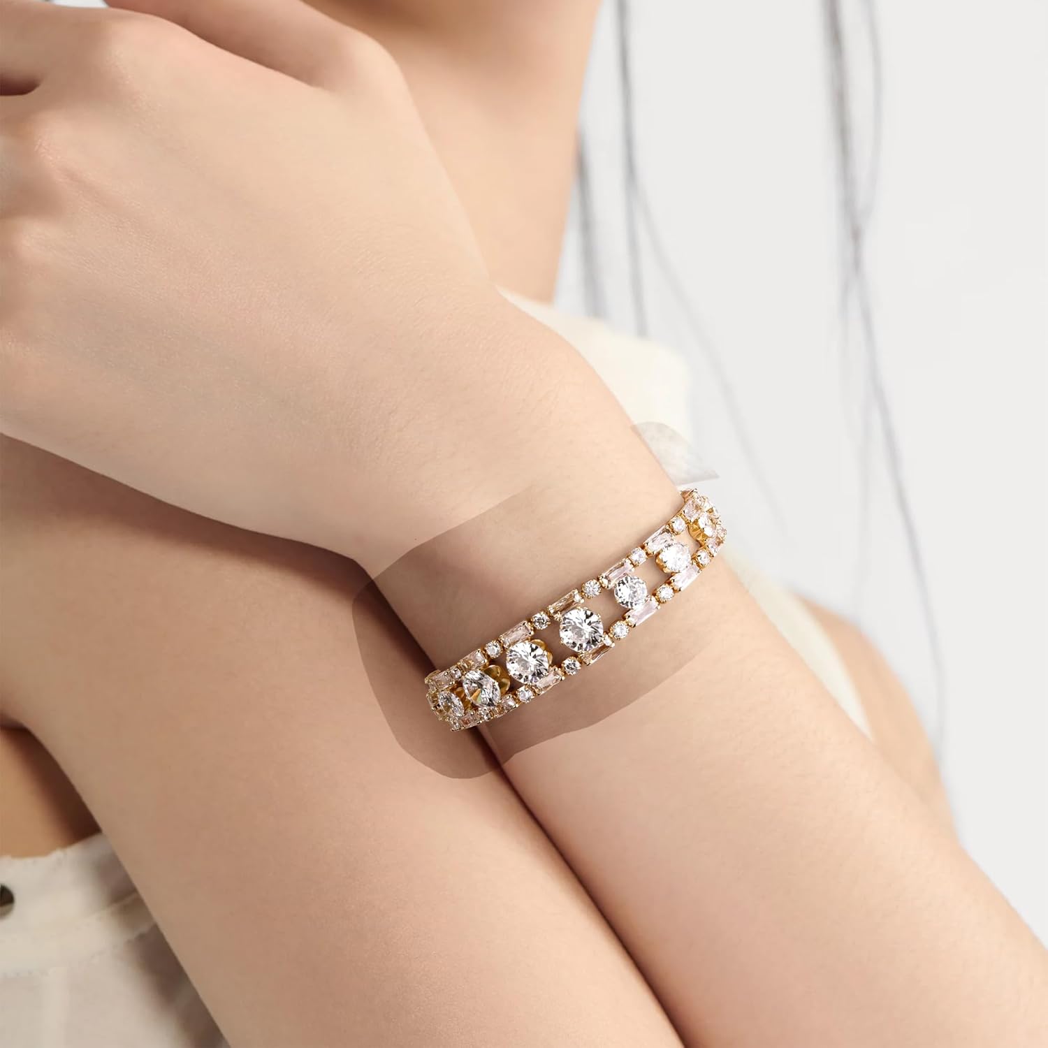 14K Elegant CZ Line Bracelet: 14K Gold Plated Sparkle for Every Occasion 14K Gold Plated Womens Tennis Bracelet Sleek CZ Line Bracelet, Fits 6.0"7.2" Wrist Sparkly Everyday Jewelry Gift, Contemporary Tennis Bracelets for Women Elegant CZ Line Bracelet: 14K Gold Plated Sparkle for Every Occasion