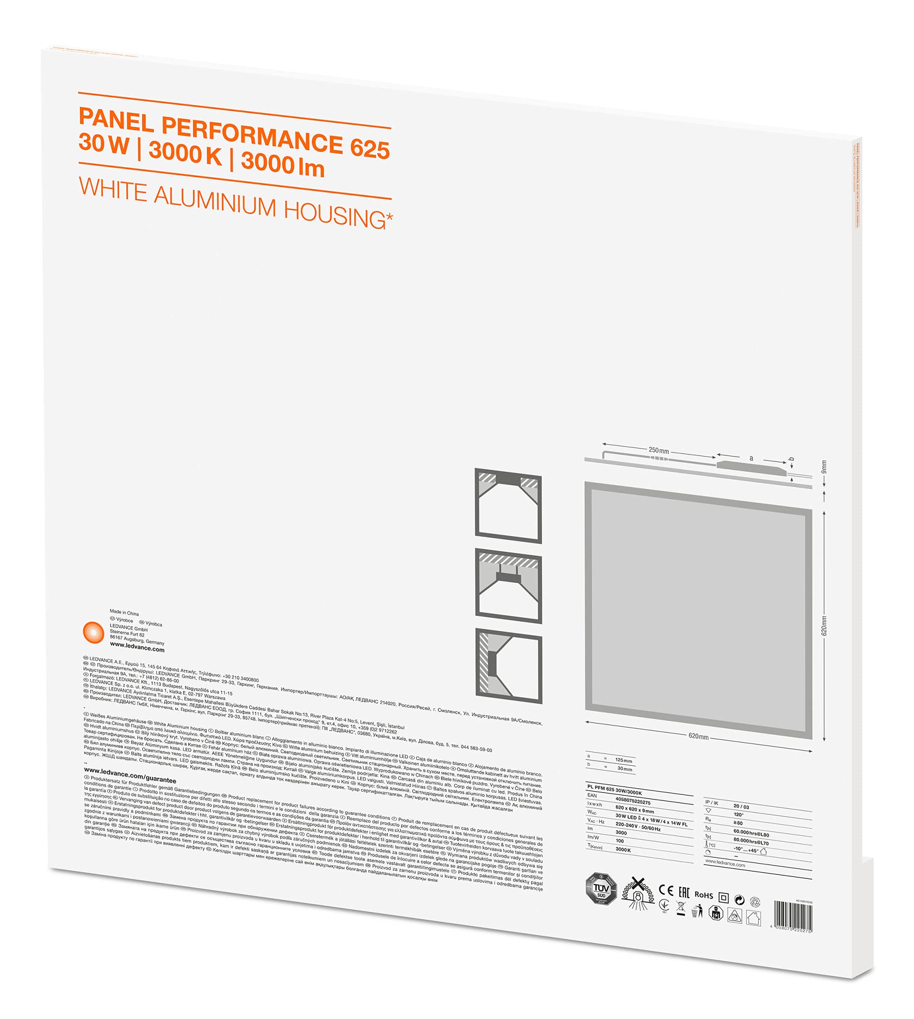 Luminaria Panel LED: para Techo/Wall, Panel Performance 625 / 30 W, 220 - 240 V, Ángulo de Radiación: 120, Warm White, 3000 K, Material del Cuerpo: Aluminum, IP20, 1-Pack