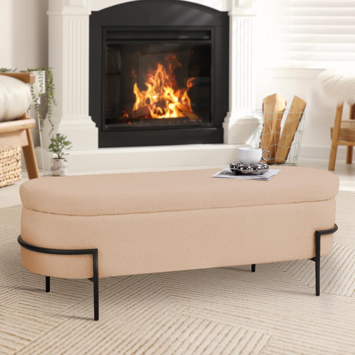 Halitaa Beige Storage Bench Ottoman, Modern Sherpa Ottoman Bench with Storage for End of Bed Queen Size, Bedroom, Living Room, 52''L