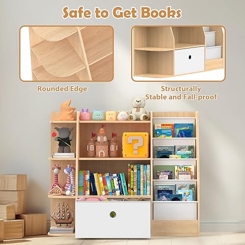 Miniatura 6 de Estantería para niños y almacenamiento de juguetes, estante de madera de 4 niveles para libros, estantería grande para niños con cajones, estantería