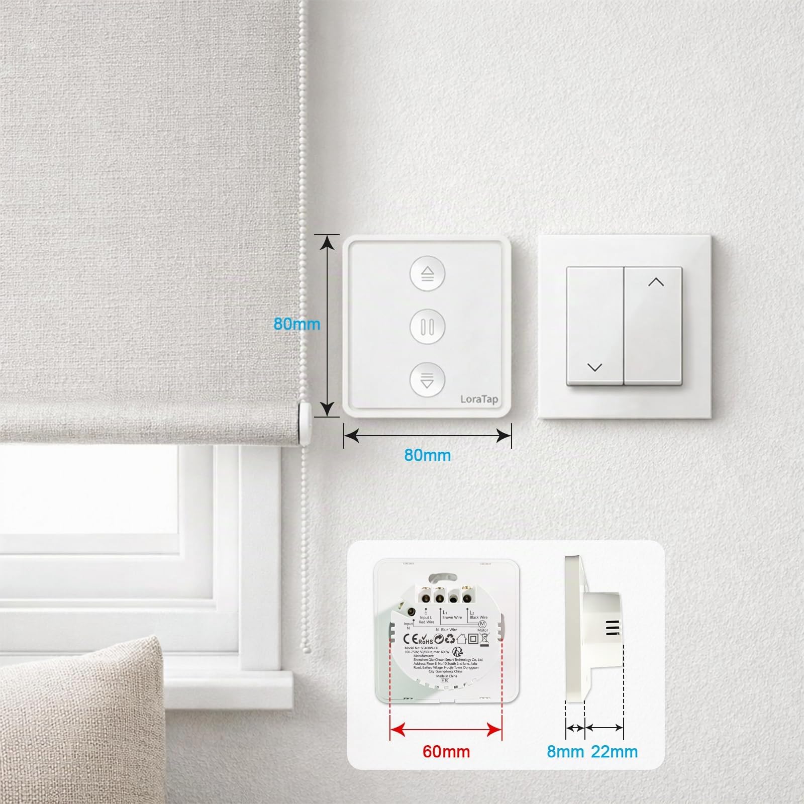 Loratap Interrupteur Volet Roulant Connecté WiFi: boutons physiques rétroéclairés et réglage précis 0%-100% - commande vocale Alexa Google Assistant - remplace votre ancien interrupteur mural-4 pièces