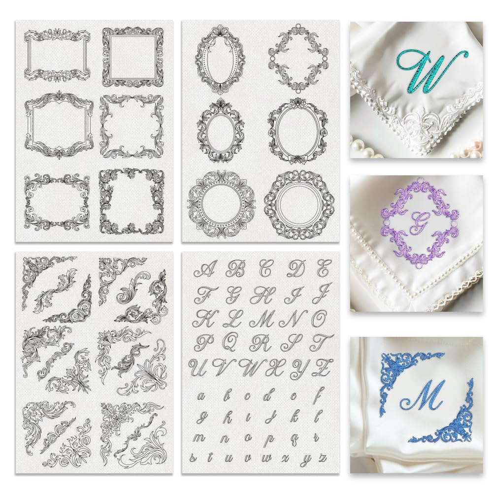 BENECREAT 4Sheets 81Pcs Vintage Water Soluble Embroidery, 11.6x8.2 Inch Calligraphy Letters Vintage Border Edge Embroidery Paper Stabilizer Hand Sewing for Shirts, Coats, Bags