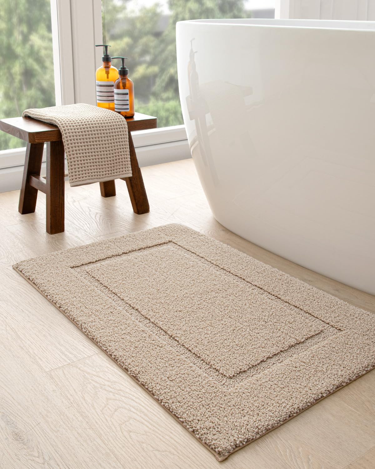 DEXI Bathroom Rugs 43x24, Washable Non Slip Bath Mat for Shower Floor, Absorbent Quick Dry Bathmat with Rubber Backing, Ultra Soft Plush Carpet for Tub, Beige - Image 5