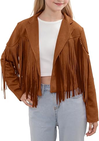Noomelfish Girls Fringe Faux Suede Leather Jackets Kids Western Tassels Motorcycle Cardigan Cropped Coats 5-14 Years