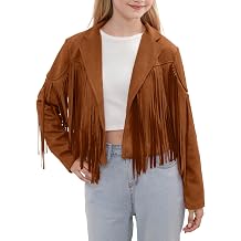 Noomelfish Girls Fringe Faux Suede Leather Jackets Kids Western Tassels Motorcycle Cardigan Cropped Coats 5-14 Years