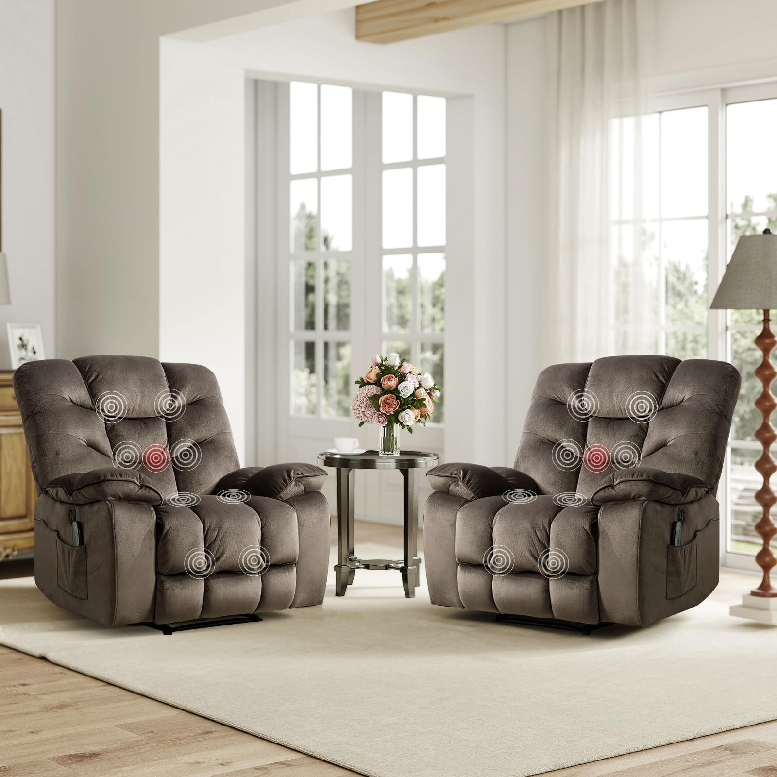 HAOMARKETS Oversized Power Recliner Chair with Massage and Heat Set of 2, 41" Wide Electric Reclining Chairs with USB Port, Breathable Fabric Overstuffed Reclining Sofa for Living Room Bedroom