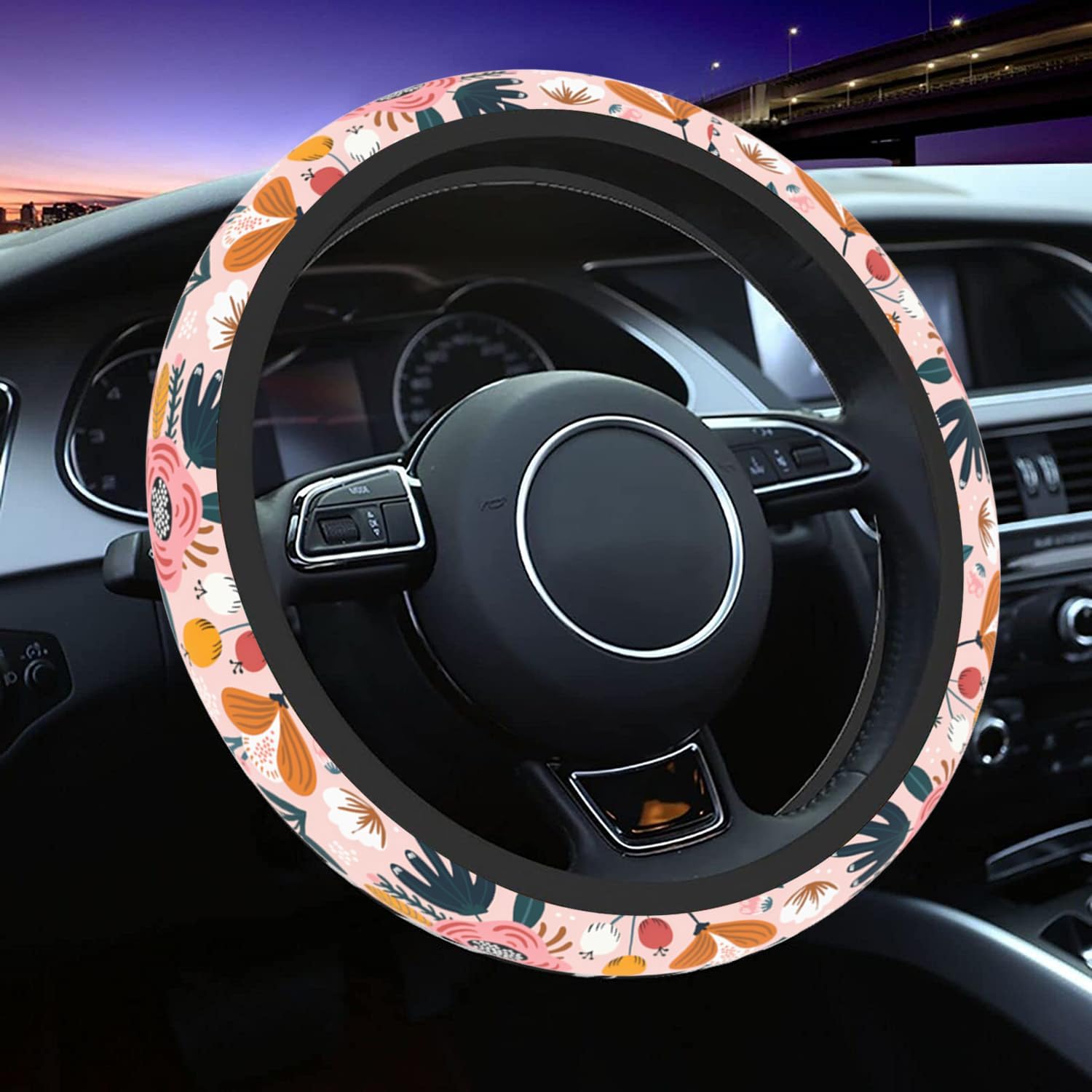 Burgundy Flowers Car Steering Wheel Cover for Women Men, Non-Slip Steering Wheel Protector, Universal 14"-15" Fit for Cars, SUVs, Trucks (Burgundy Flowers)