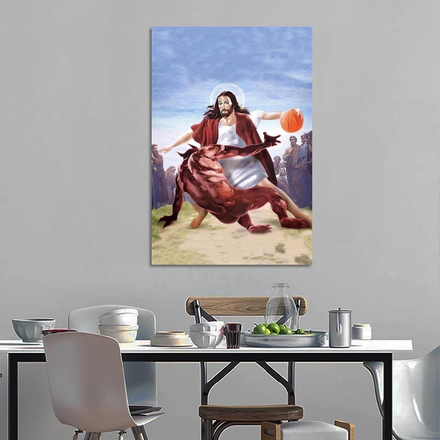 Jesus Vs Satan in Basketball Poster Funny Christain Canvas Art Poster And Wall Art Picture Print Modern Family Bedroom Decor Posters 24x36inch(60x90cm)