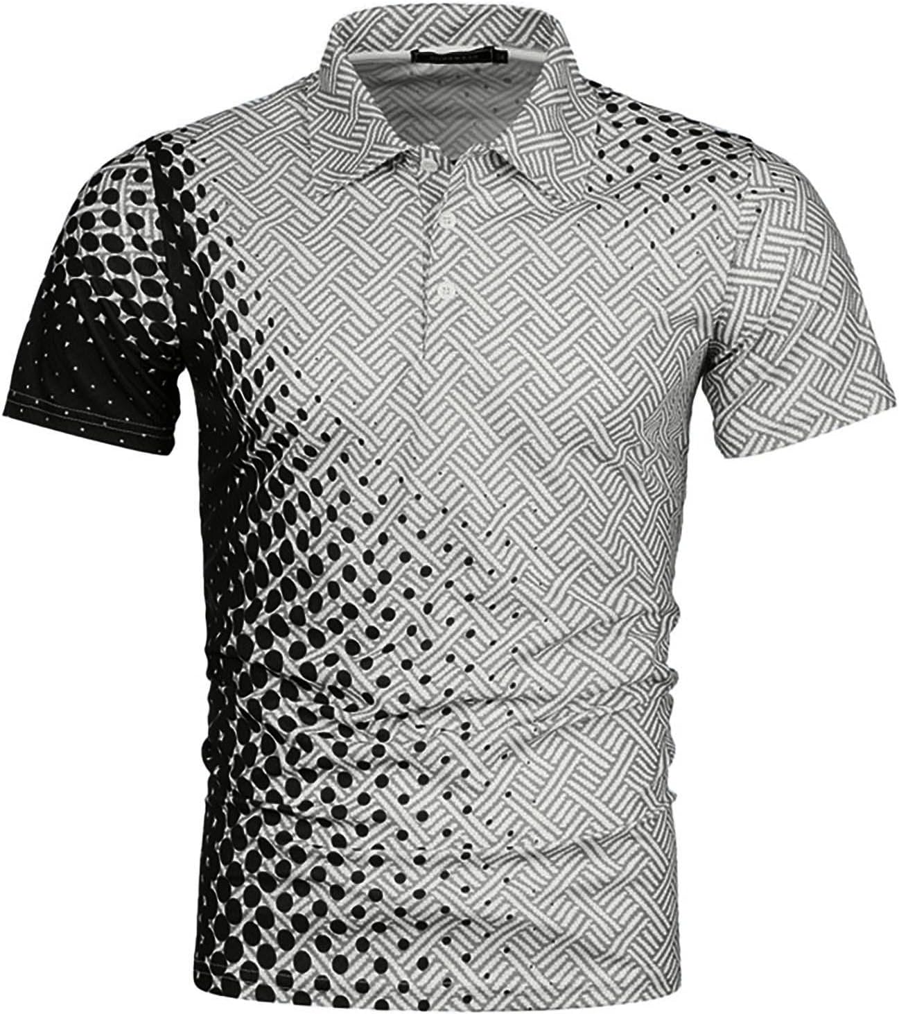 Ymosrh Mens Novelty Print Polo Shirts Short Sleeve Stretch Business Casual Golf Tennis Work Collar Shirt, M-5XL