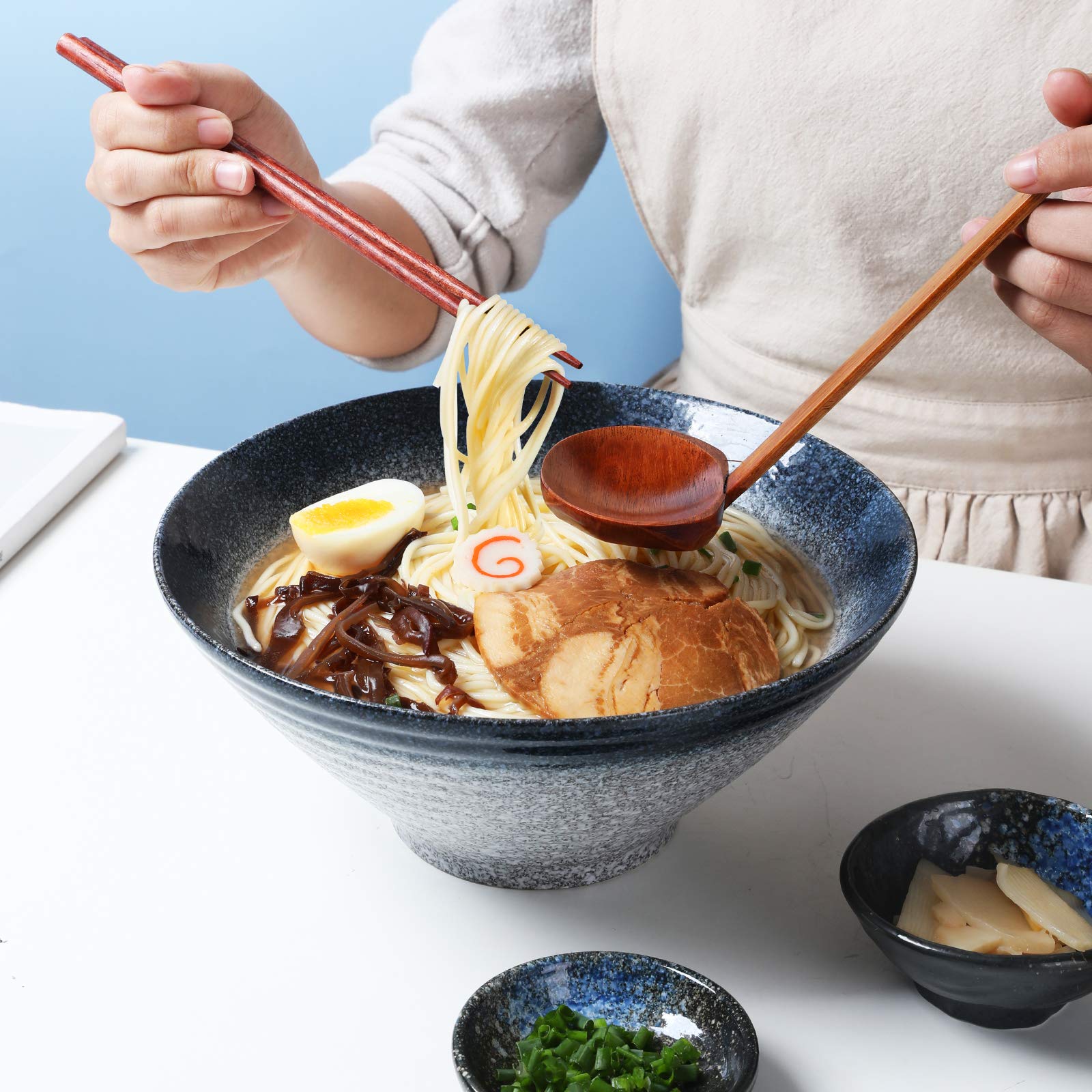 Ramen Fideos - Cuenco para sopa, 2 juegos (6 piezas) 6 onzas, con cuchara y palillos a juego para fideos asiáticos Udon Soba Pho, grande (azul-verde)